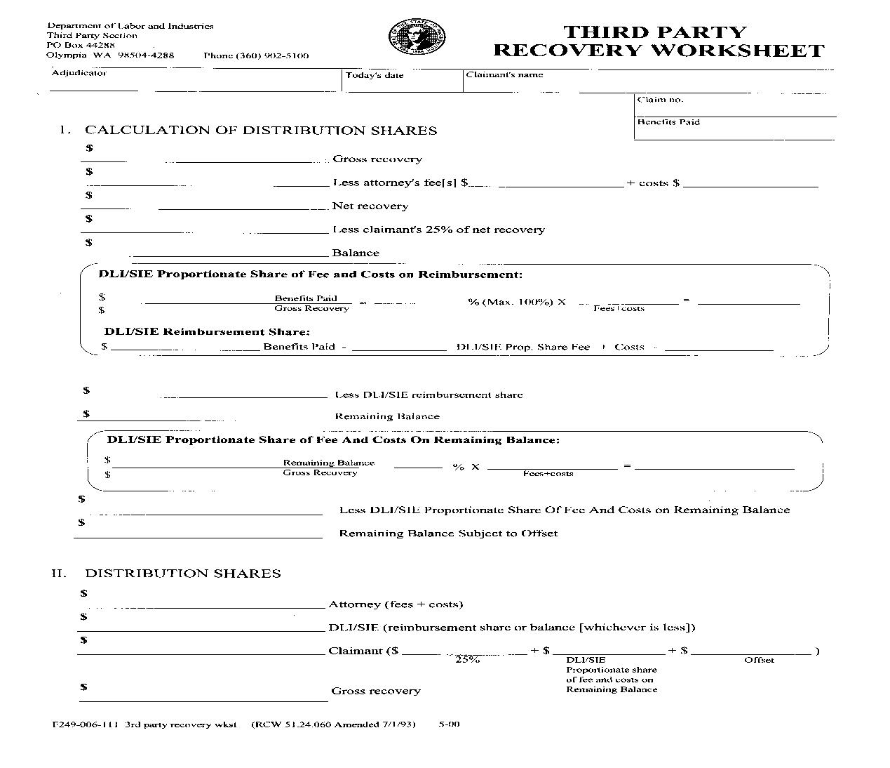 Third Party Recovery Worksheet {F249-006-111} | Pdf Fpdf Doc Docx | Washington