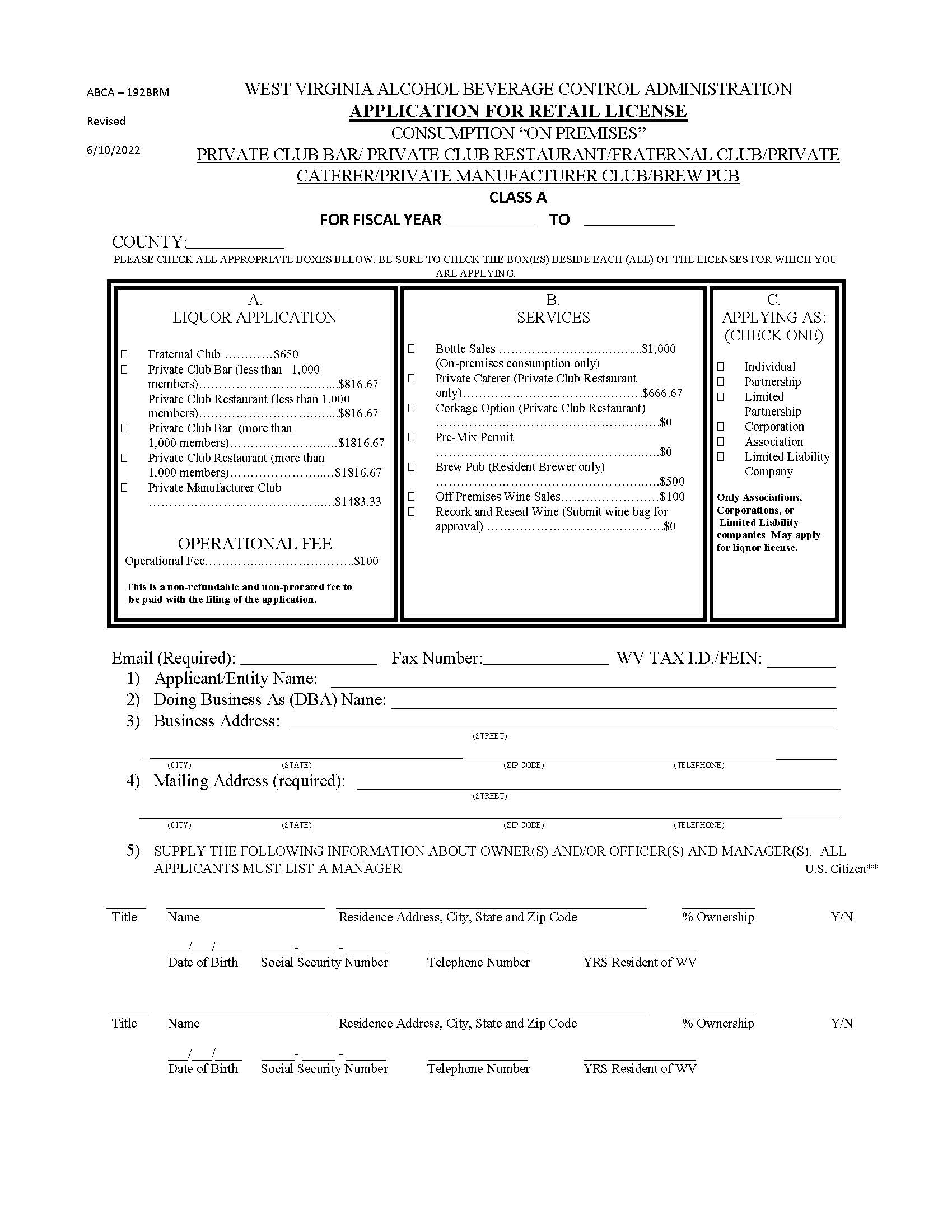 Class A On Premise Application | Pdf Fpdf Docx | West Virginia