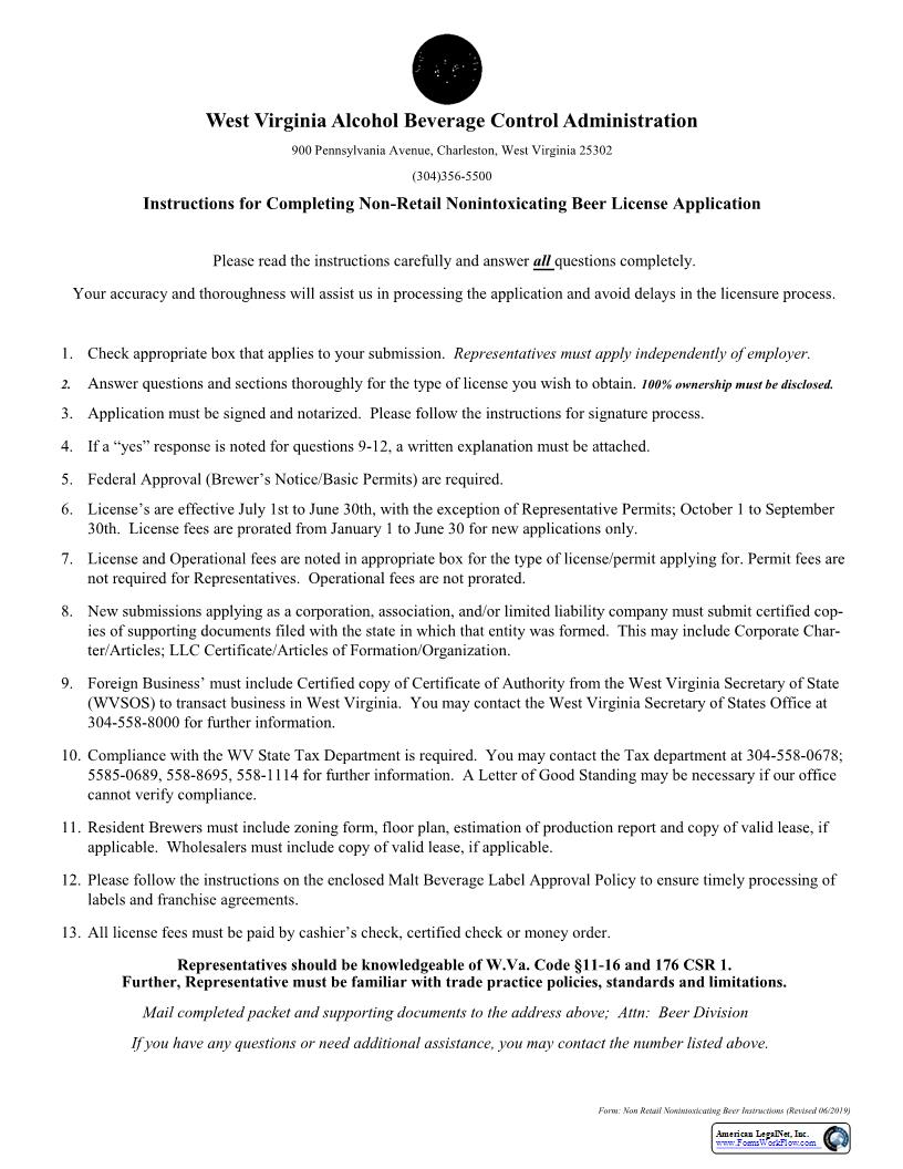 Nonintoxicating Beer Distributor Packet (Non Retail Nonintoxicating Beer License Application) | Pdf Fpdf Docx | West Virginia