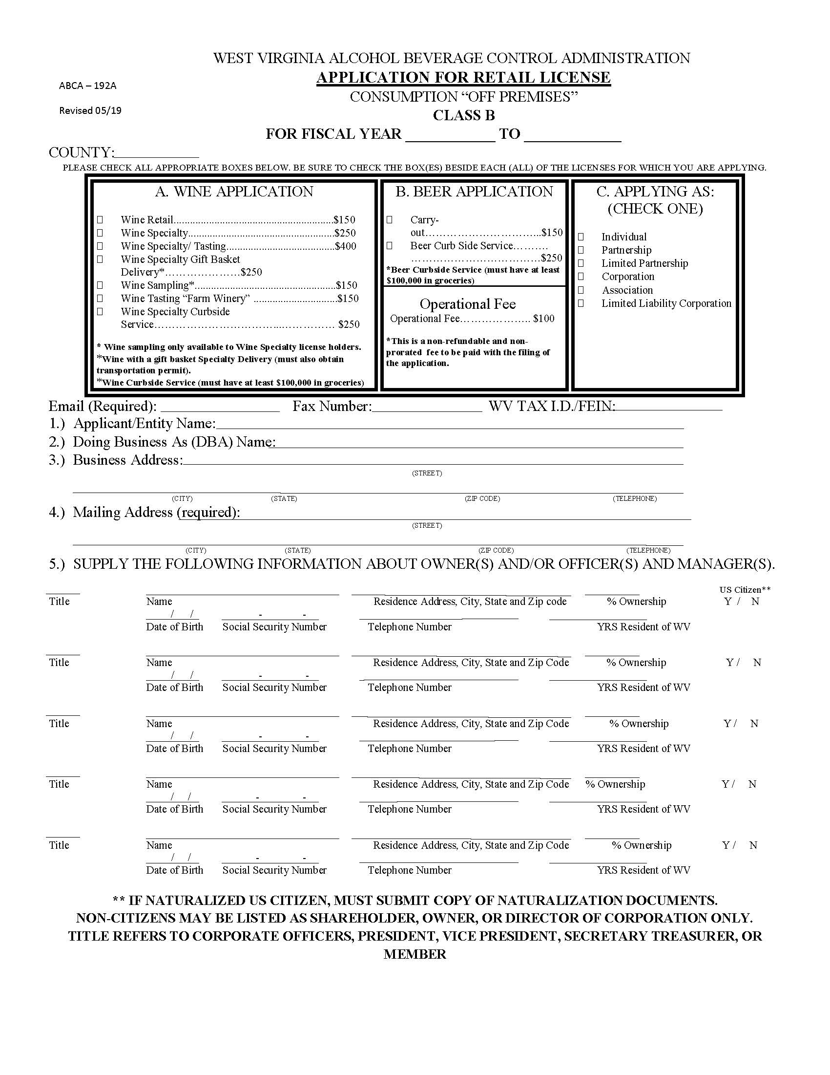Retail License Off Premise Application (Class B) | Pdf Fpdf Docx | West Virginia
