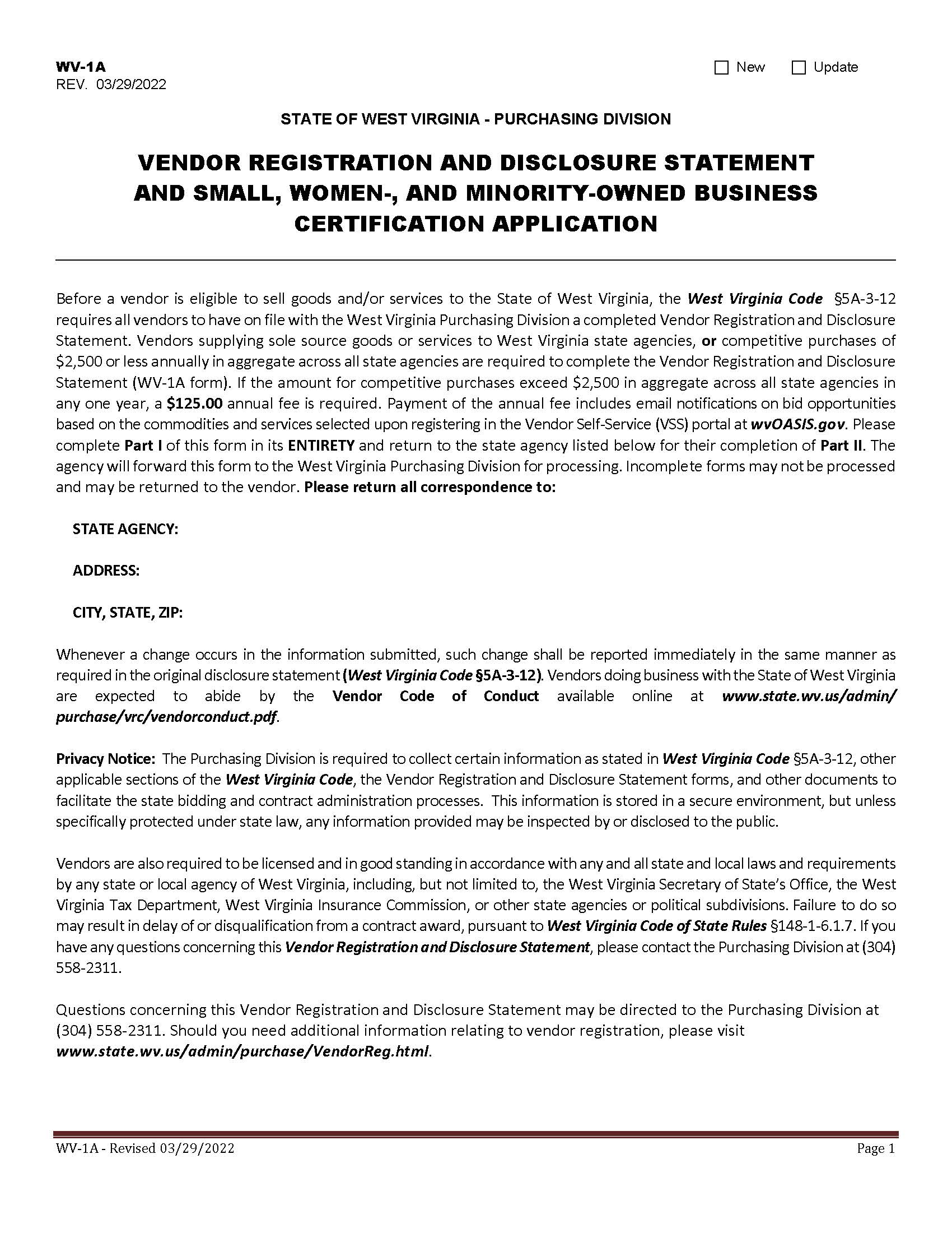 Vendor Registration Packet | Pdf Fpdf Docx | West Virginia