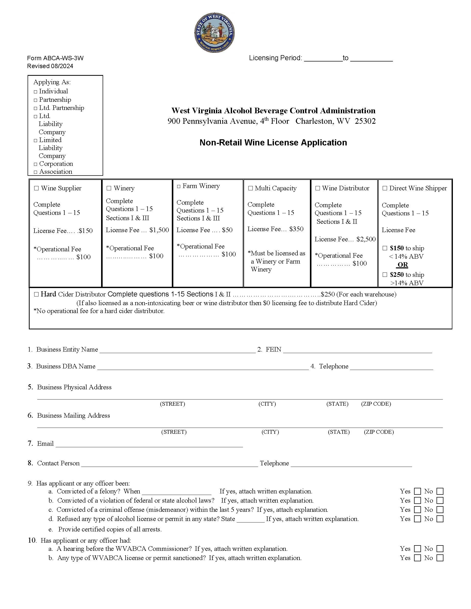 Winery Licensing Packet (Application For Wine Supplier License Non Retail) | Pdf Fpdf Docx | West Virginia