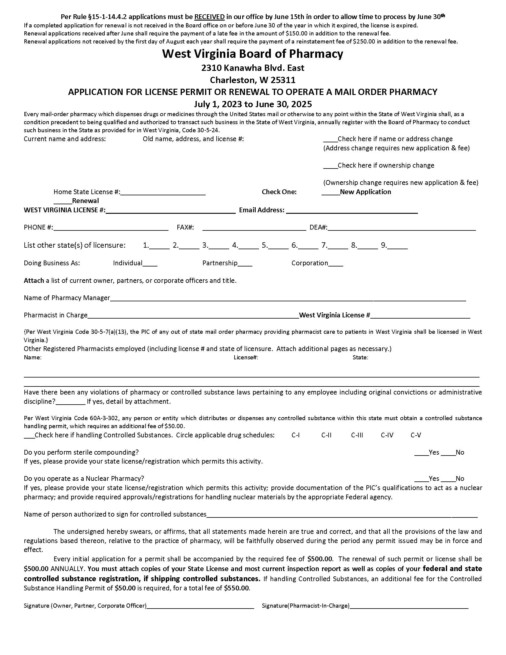 Application For License Or Renewal To Operate A Mail Order Pharmacy | Pdf Fpdf Doc Docx | West Virginia