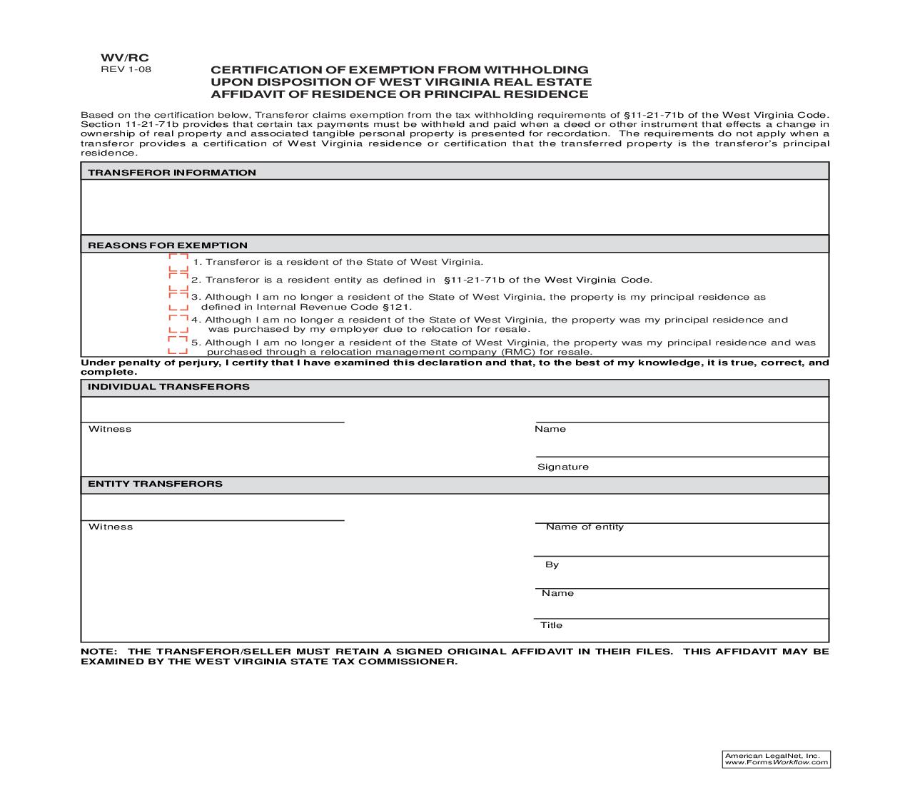 Certification Of Exemption From Withholding Upon Disposition Of Real Estate Affidavit {WV-RC} | Pdf Fpdf Doc Docx | West Virginia