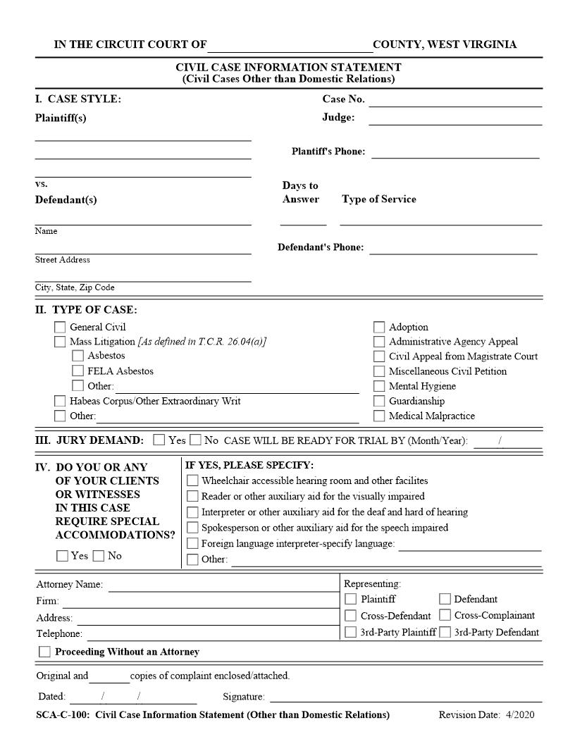 Civil Case Information Statement Civil Cases (Other Than Domestic Relations) {SCA-C 100.02} | Pdf Fpdf Doc Docx | West Virginia