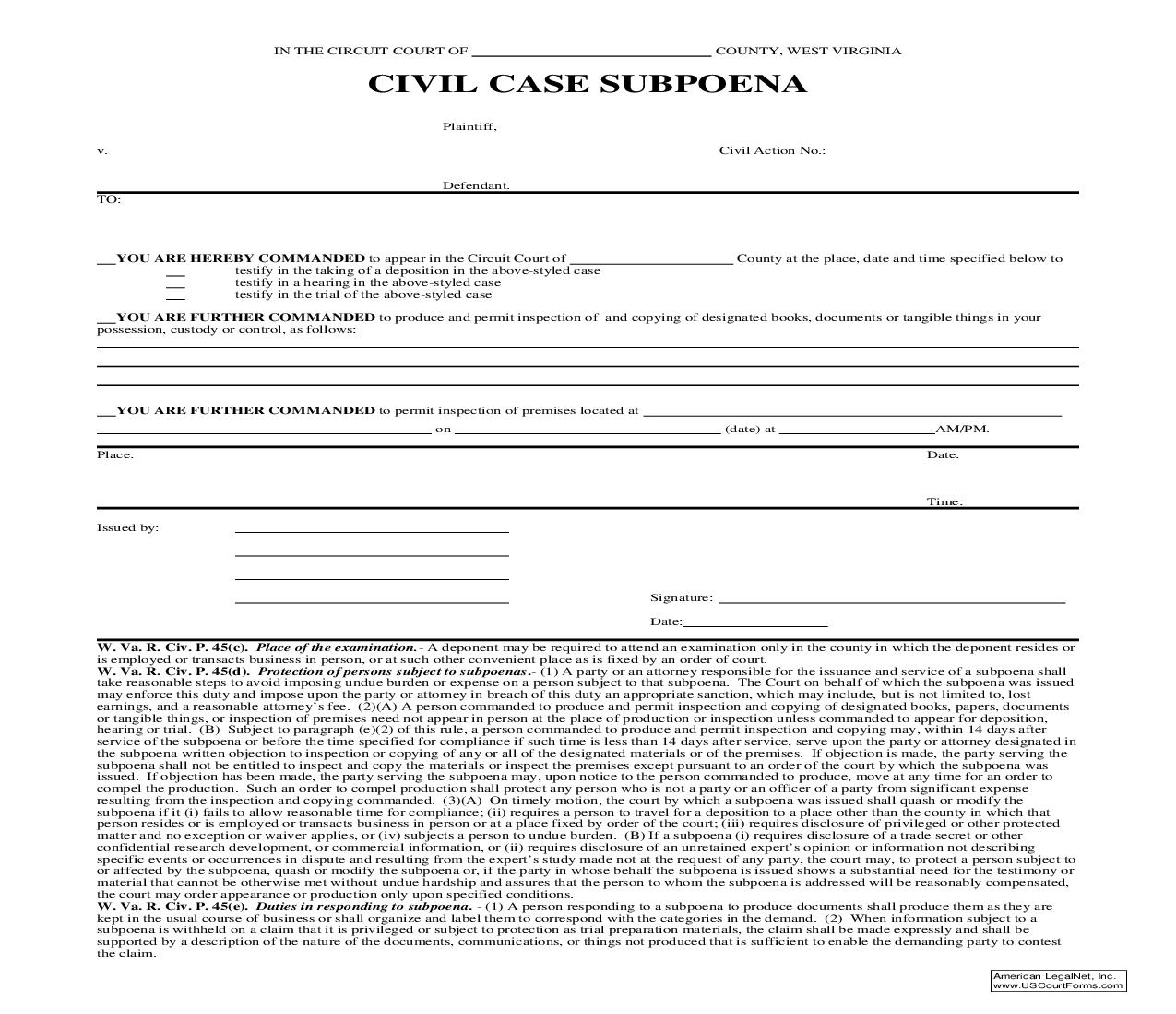 Civil Case Subpoena | Pdf Fpdf Doc Docx | West Virginia