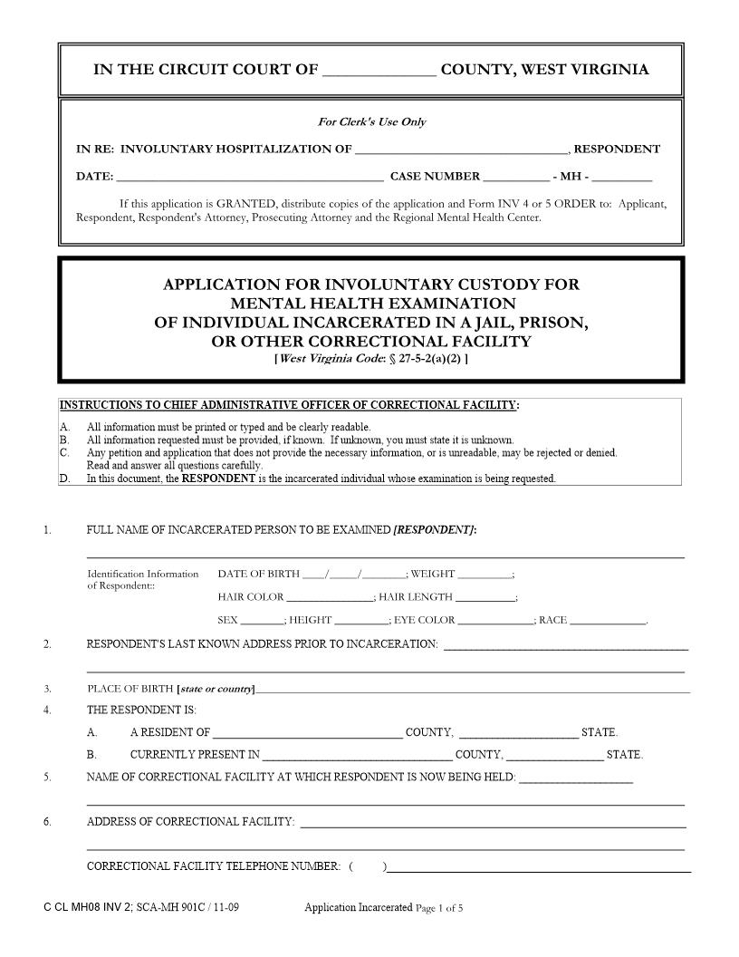 Application For Incarcerated Individuals Mental Health Examination {INV 2} | Pdf Fpdf Docx | West Virginia