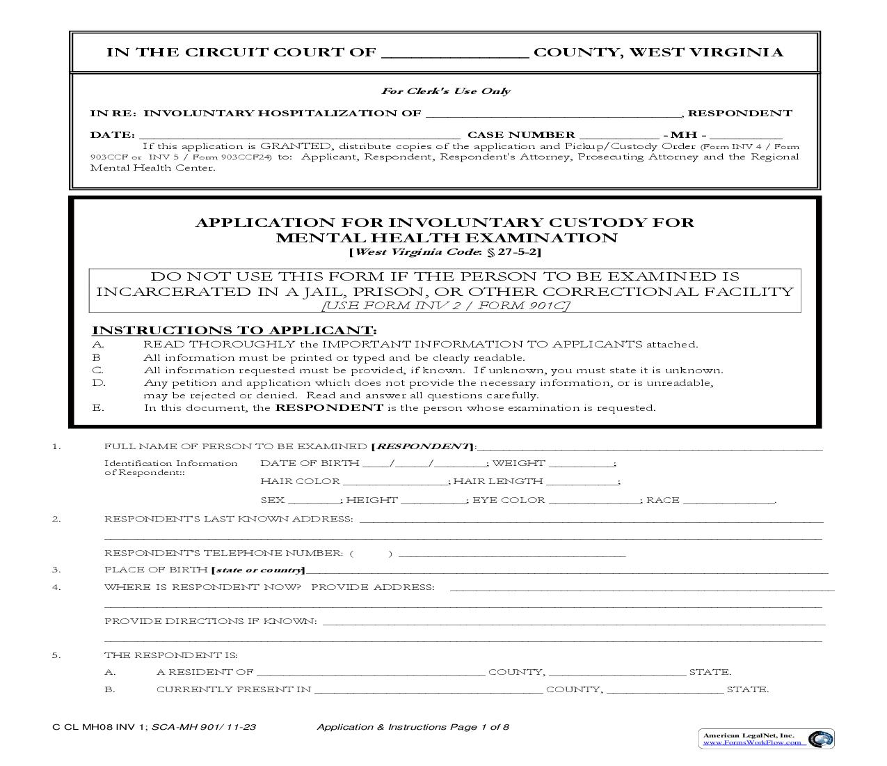 Application For Involuntary Custody For Mental Health Examination {INV 1} | Pdf Fpdf Doc Docx | West Virginia