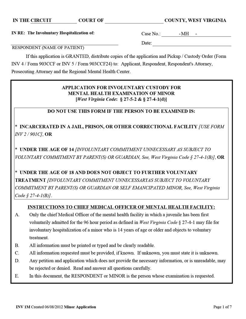 Application For Involuntary Custody For Mental Health Examination Of Minor {INV 1M} | Pdf Fpdf Docx | West Virginia
