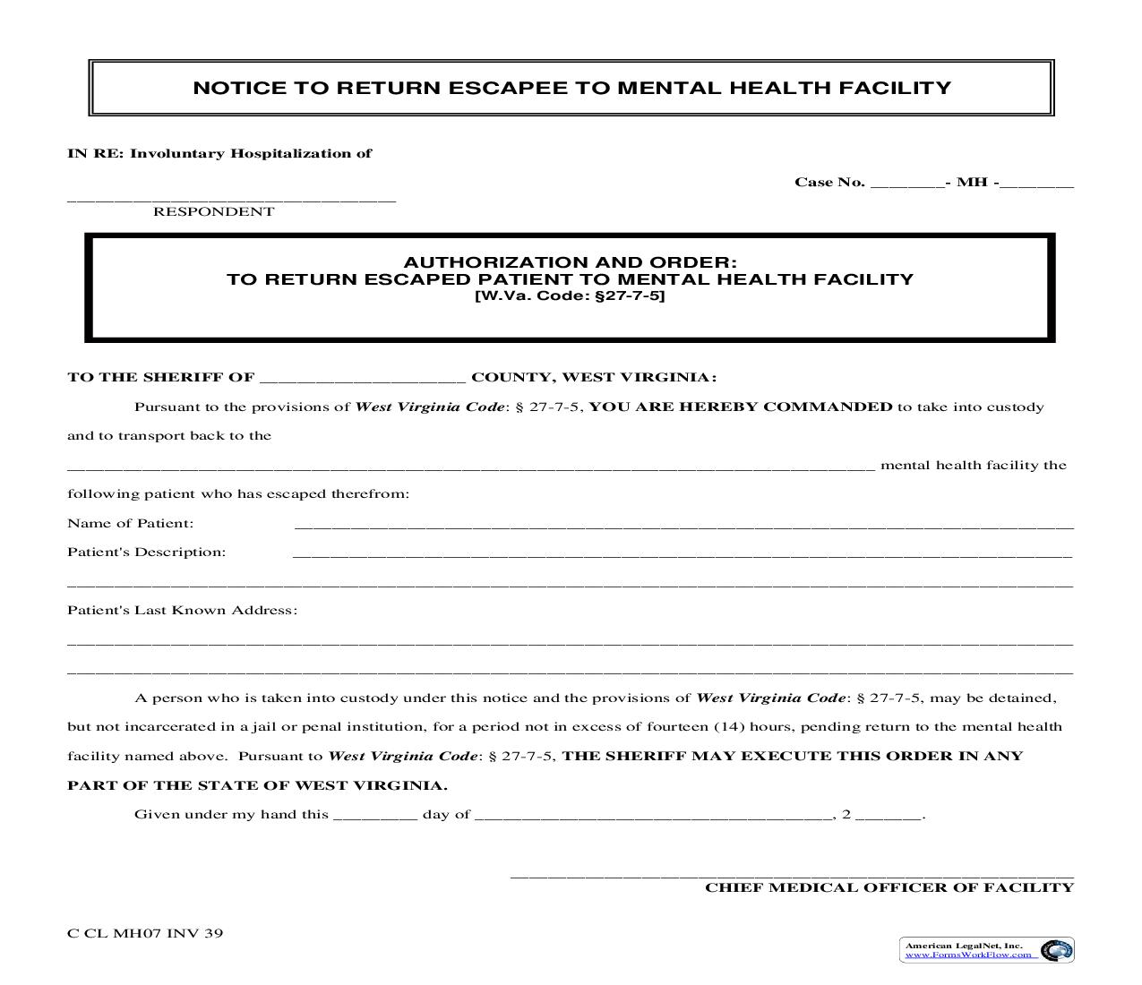 Authorization And Order To Return Escaped Patient To Mental Health Facility {INV 39} | Pdf Fpdf Doc Docx | West Virginia