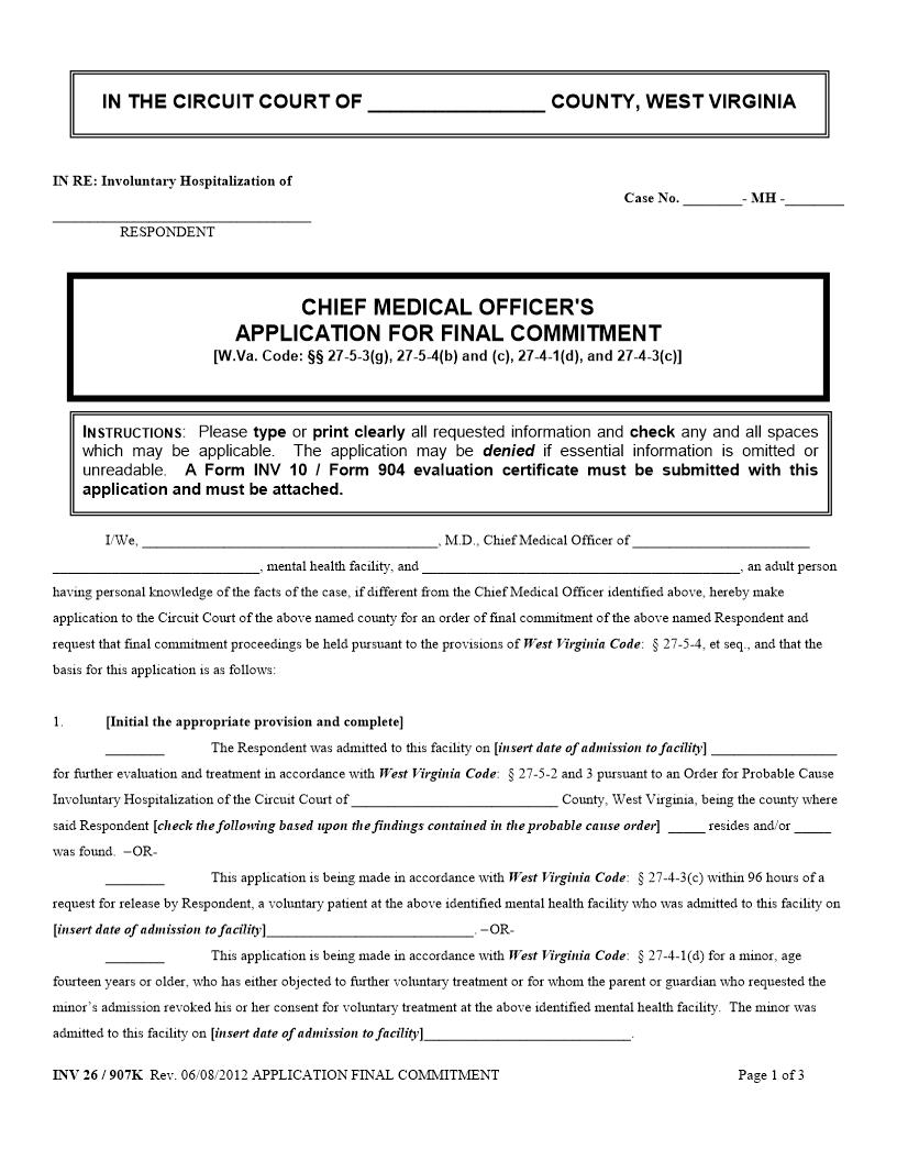 Chief Medical Officers Application For Final Commitment {INV 26} | Pdf Fpdf Docx | West Virginia