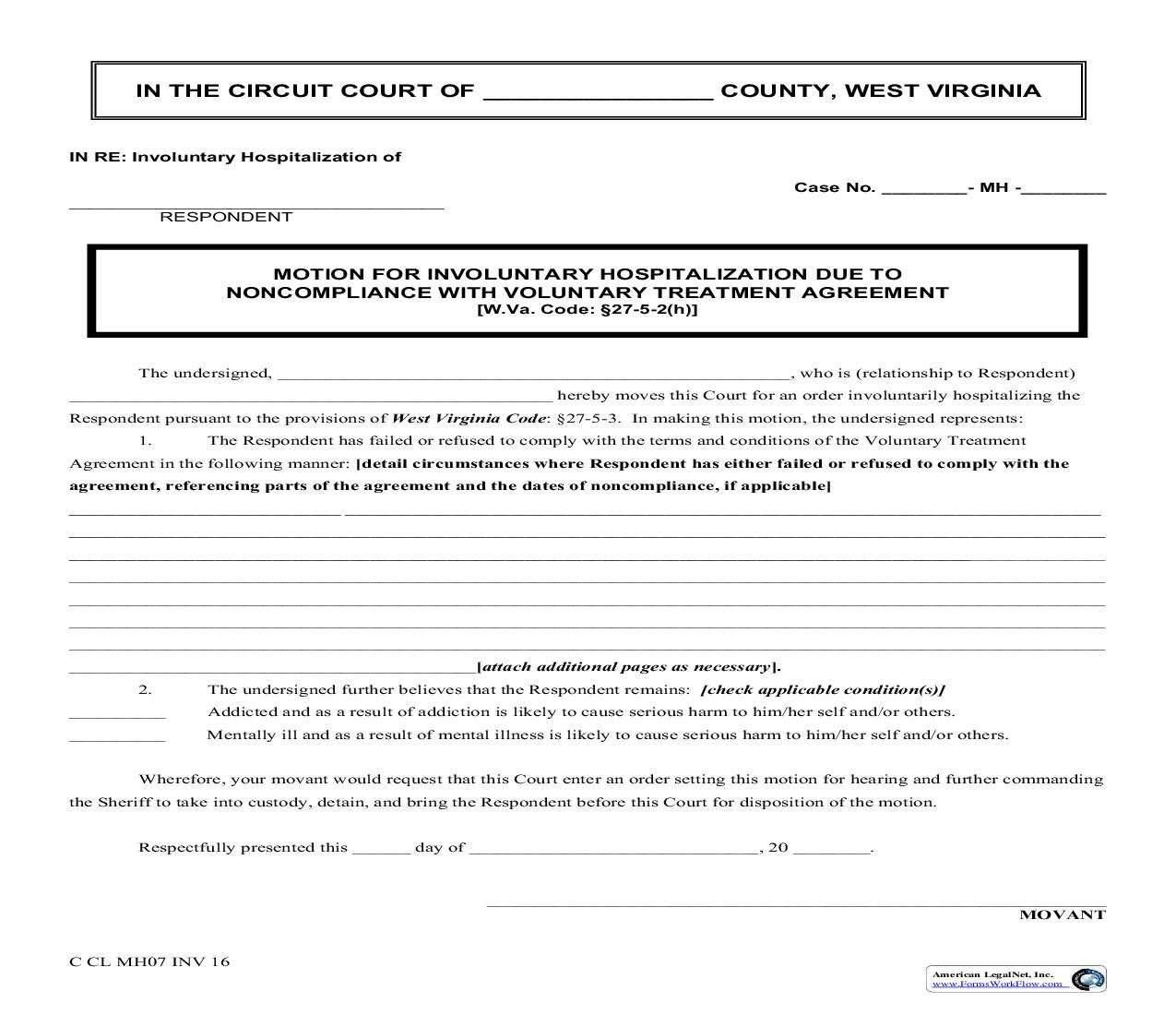 Motion For Involuntary Hospitalization Due To Noncompliance With Voluntary Treatment Agreement {INV 16} | Pdf Fpdf Doc Docx | West Virginia