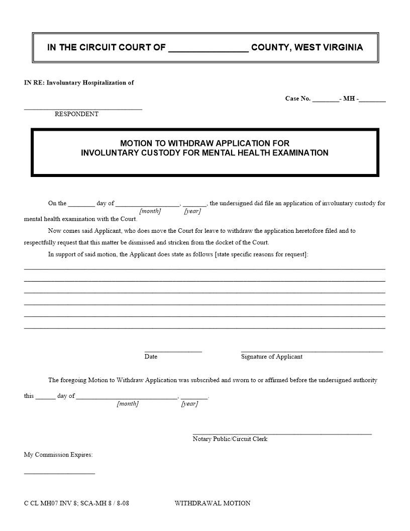 Motion To Withdraw Application For Involuntary Custody For Mental Health Examination {INV 8} | Pdf Fpdf Docx | West Virginia
