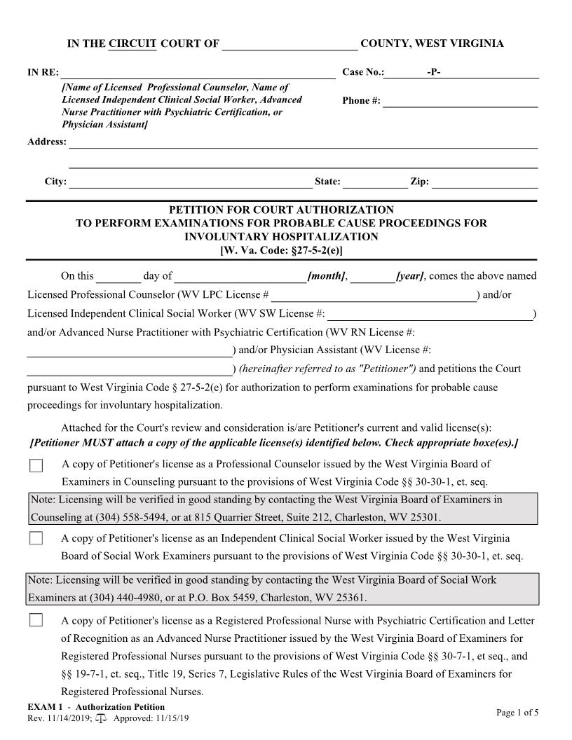 Petition For Authorization To Perform Examinations For Involuntary Hospitalization {EXAM 1} | Pdf Fpdf Doc Docx | West Virginia