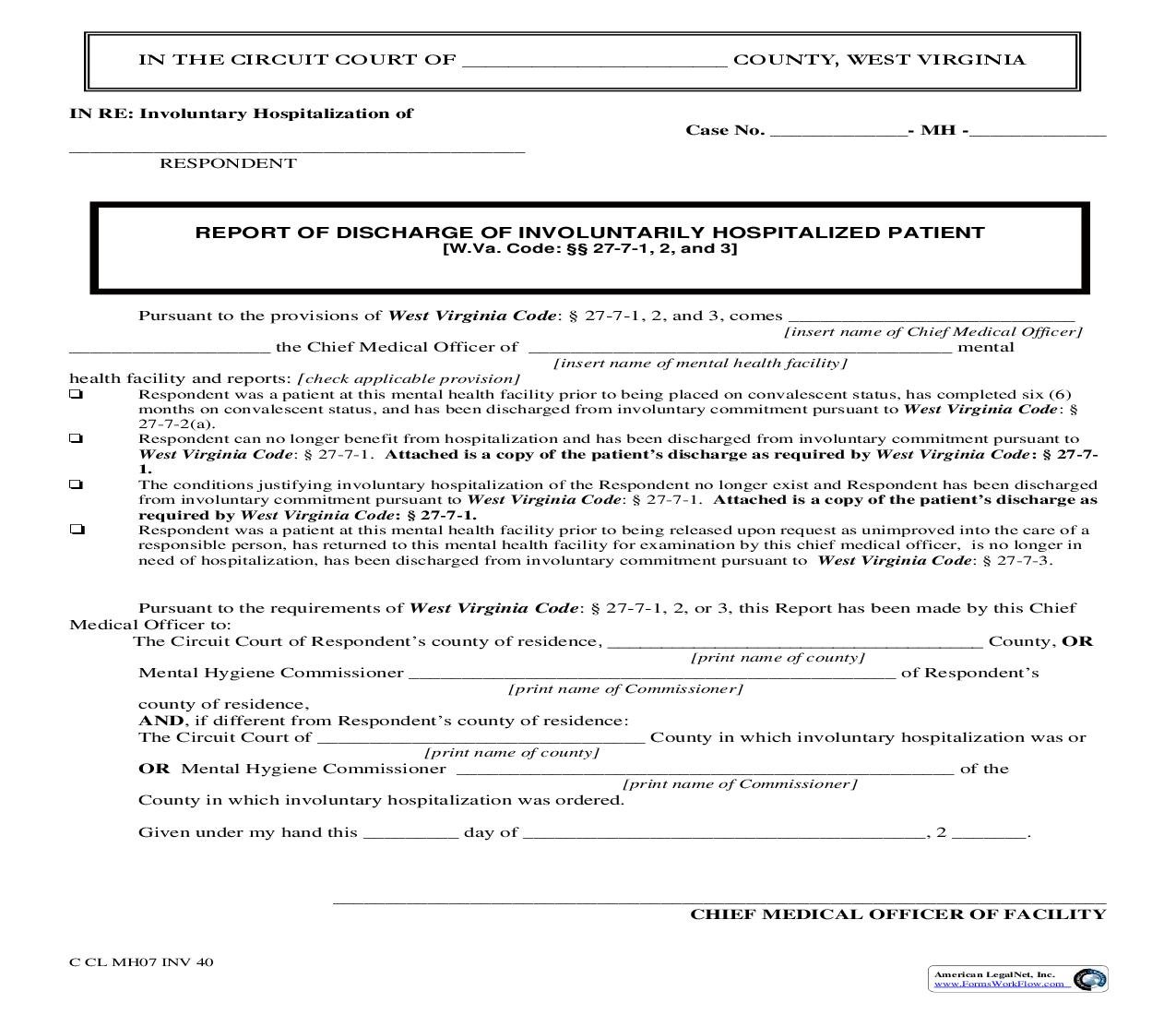 Report Of Discharge Of Involuntarily Hospitalized Patient {INV 40} | Pdf Fpdf Doc Docx | West Virginia