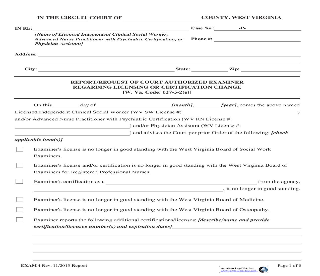 Report Or Request Of Court Authorized Examiner Regarding Licensing Change {EXAM 4} | Pdf Fpdf Doc Docx | West Virginia