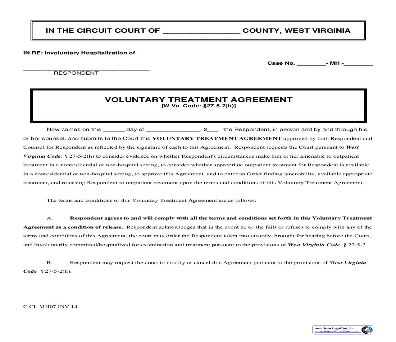 Voluntary Treatment Agreement {INV 14} | Pdf Fpdf Doc Docx | West Virginia