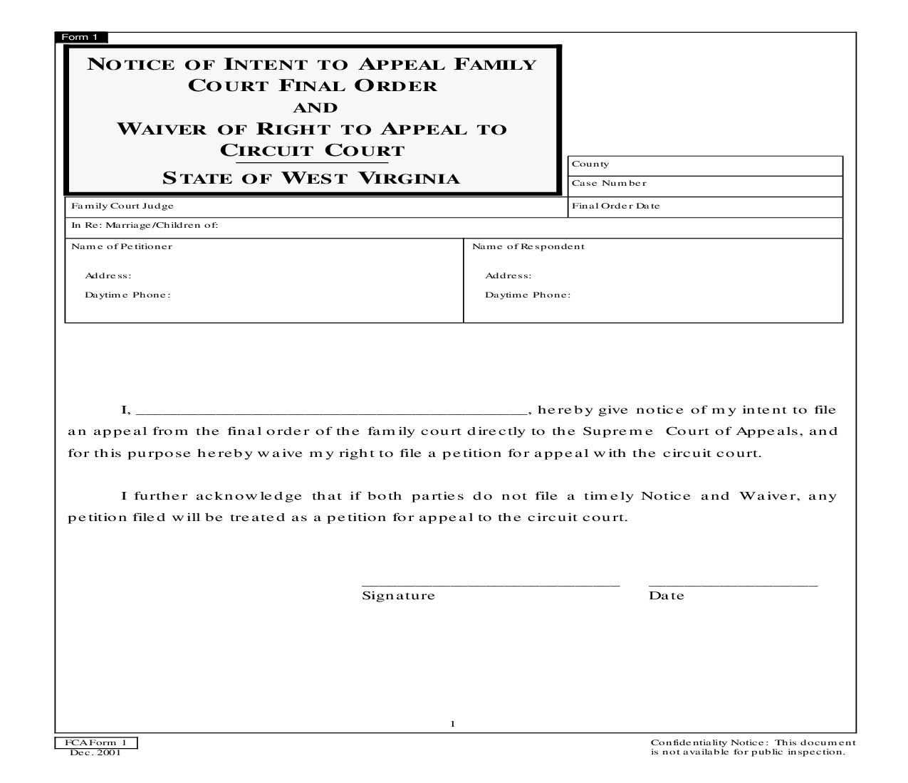 Notice Of Intent To Appeal Family Court Final Order And Waiver Of Right To Appeal To Circuit Court {Form 1} | Pdf Fpdf Doc Docx | West Virginia