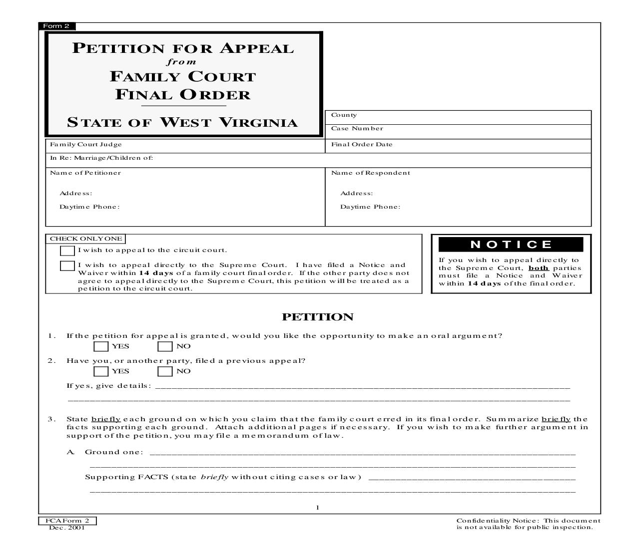 Petition For Appeal From Family Court Final Order {Form 2} | Pdf Fpdf Doc Docx | West Virginia