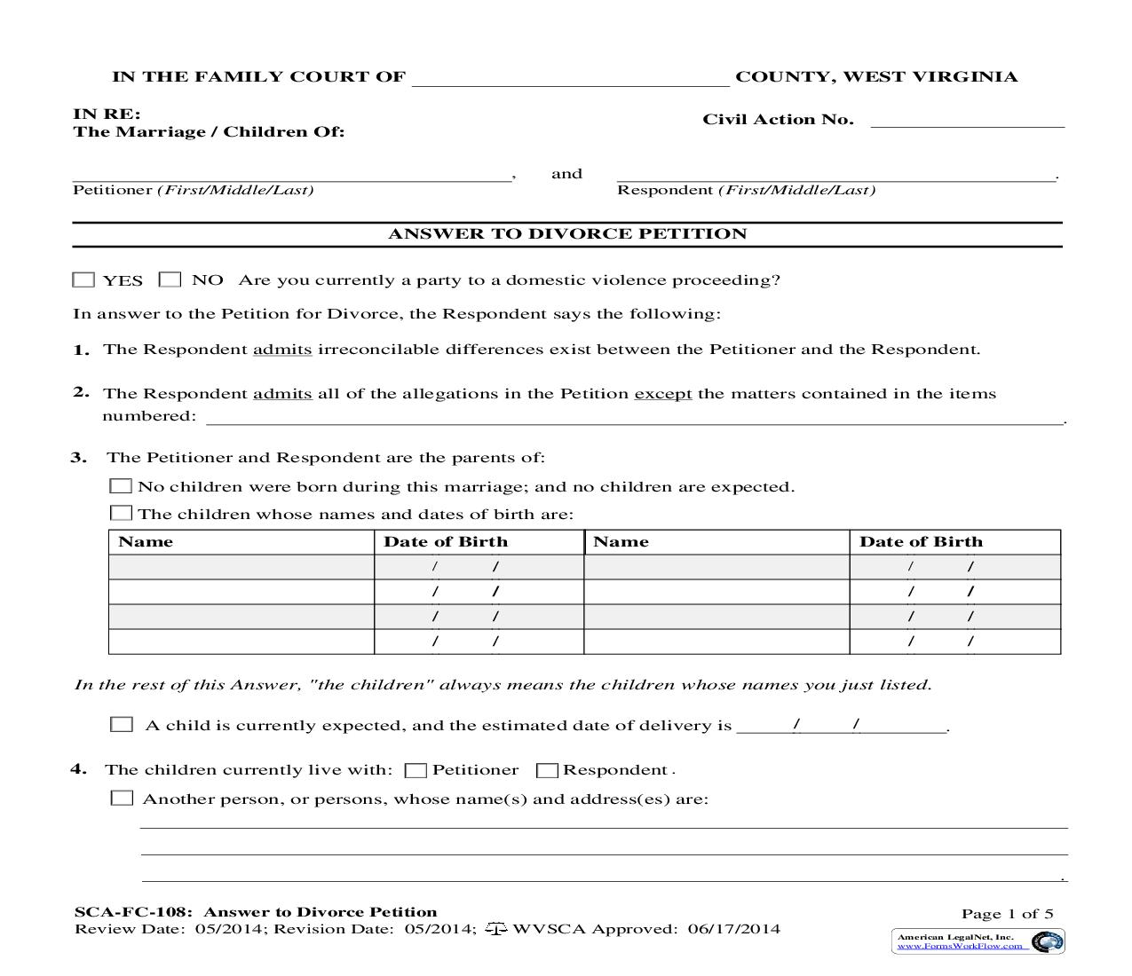 Answer To Divorce Petition {SCA-FC-108} | Pdf Fpdf Doc Docx | West Virginia