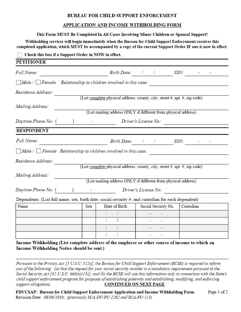 BCSE Application And Income Withholding Form {SCA-FC-113} | Pdf Fpdf Docx | West Virginia