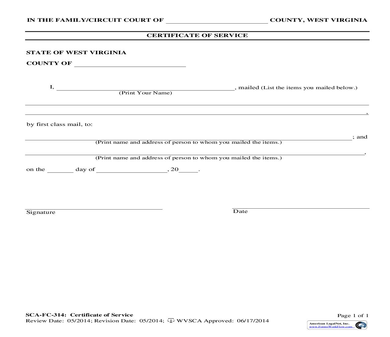 Certificate Of Service {SCA-FC-314} | Pdf Fpdf Doc Docx | West Virginia