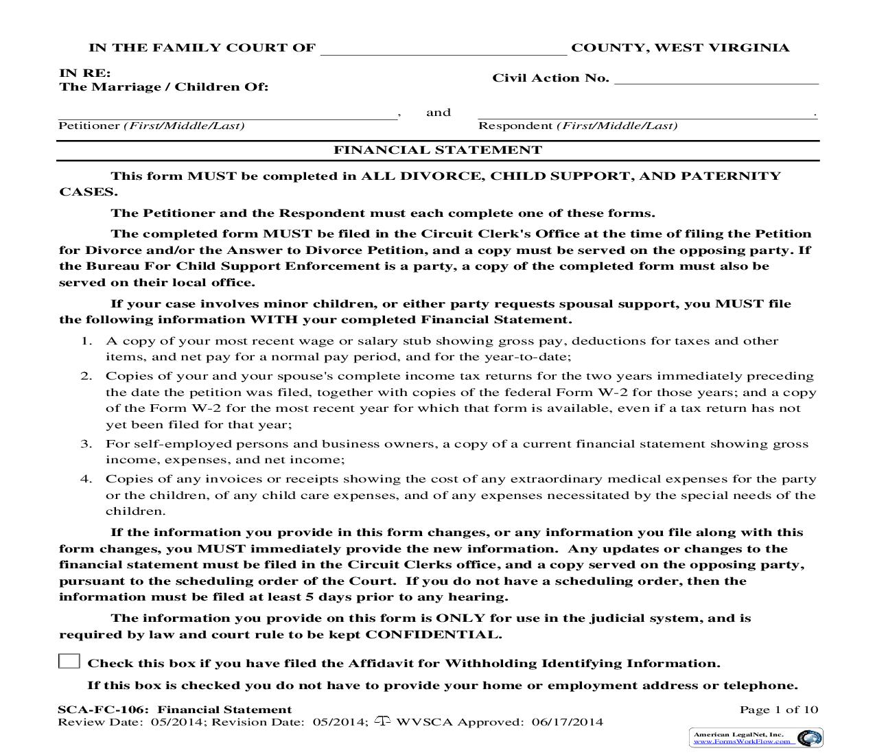 Financial Statement {SCA-FC-106} | Pdf Fpdf Doc Docx | West Virginia