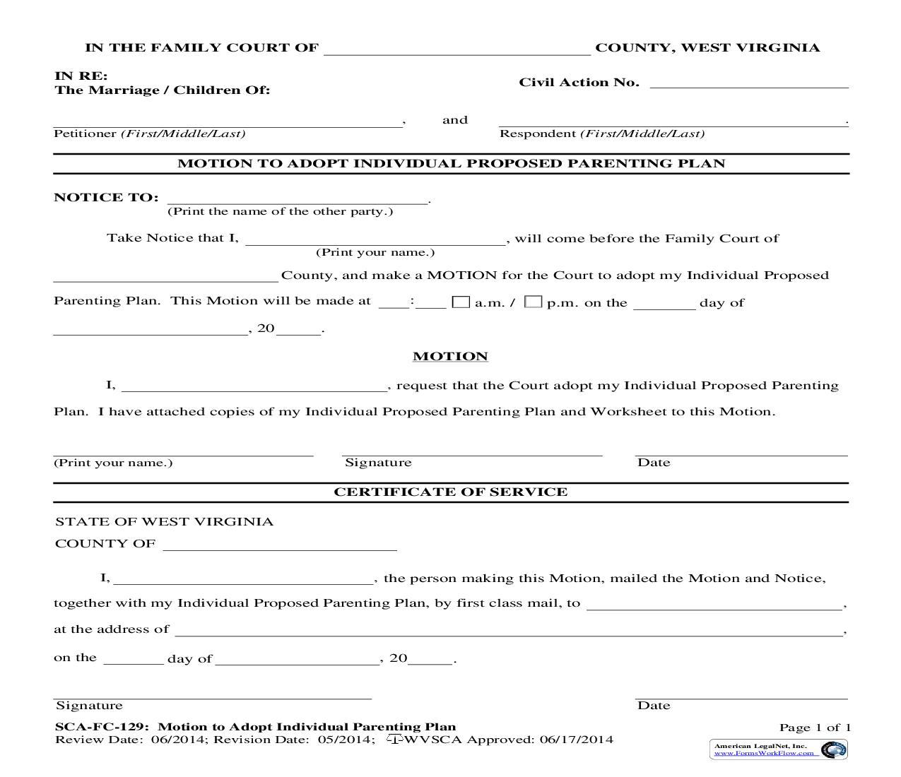 Motion To Adopt Individual Proposed Parenting Plan {SCA-FC-129} | Pdf Fpdf Doc Docx | West Virginia