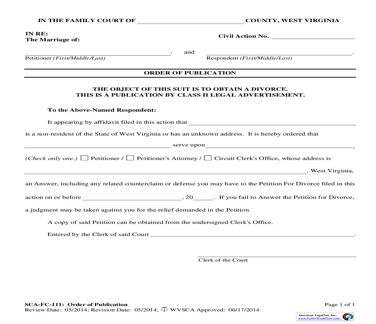 Order Of Publication {SCA-F-111} | Pdf Fpdf Doc Docx | West Virginia