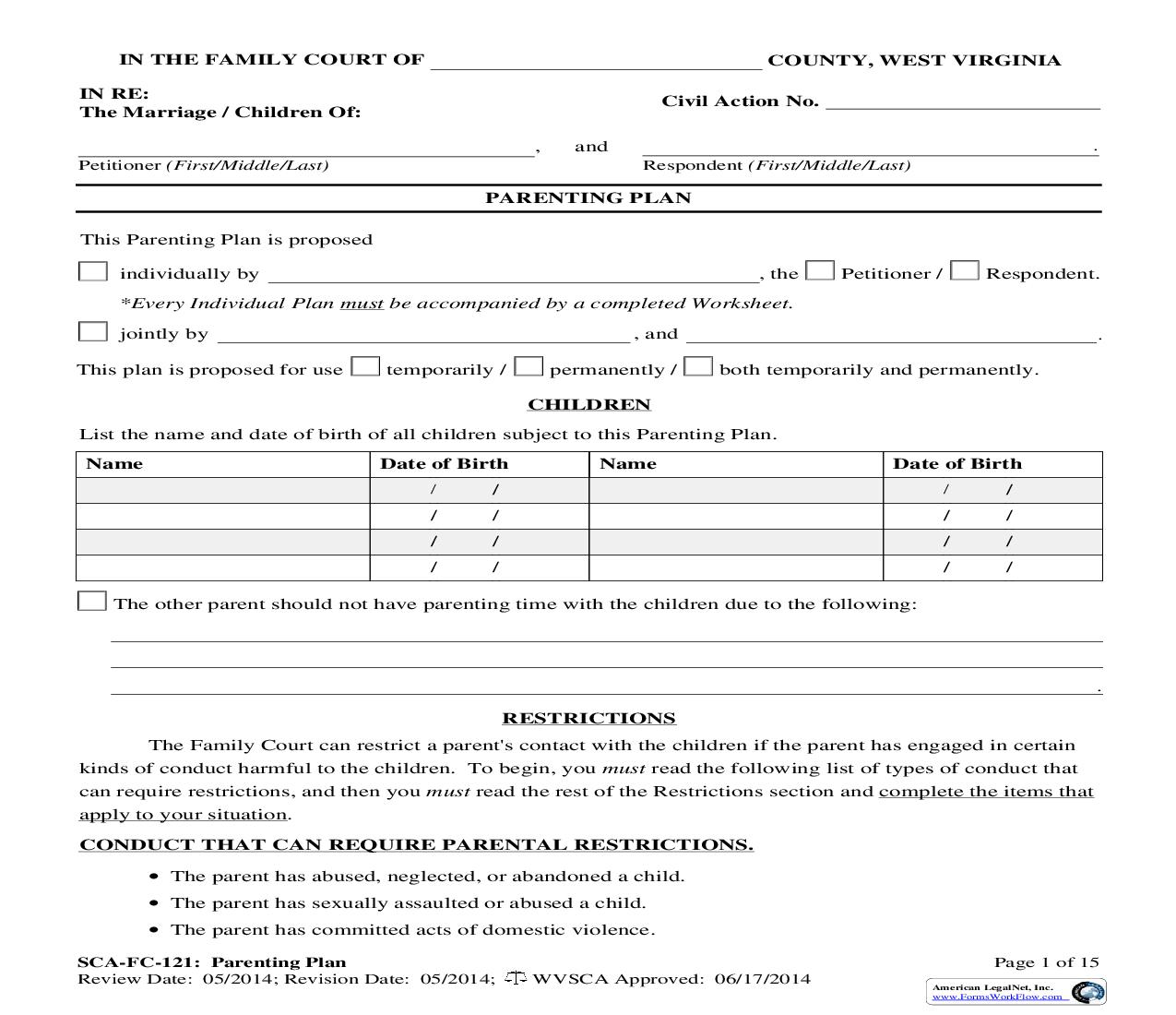 Parenting Plan {SCA-FC-121} | Pdf Fpdf Doc Docx | West Virginia
