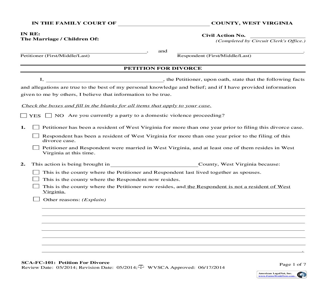 Petition For Divorce {SCA-FC-101} | Pdf Fpdf Doc Docx | West Virginia