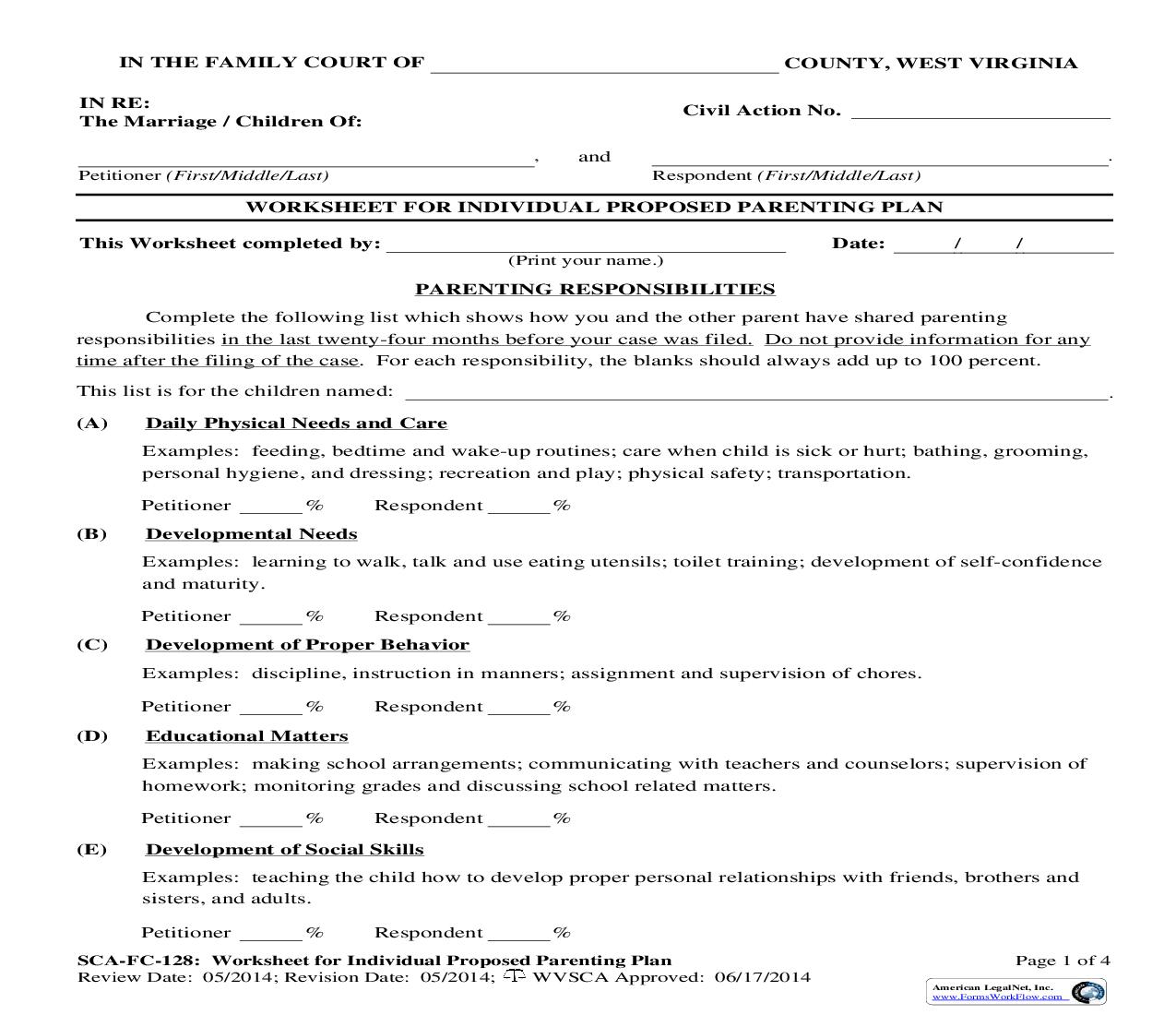 Worksheet For Individual Proposed Parenting Plan {SCA-FC-128} | Pdf Fpdf Doc Docx | West Virginia