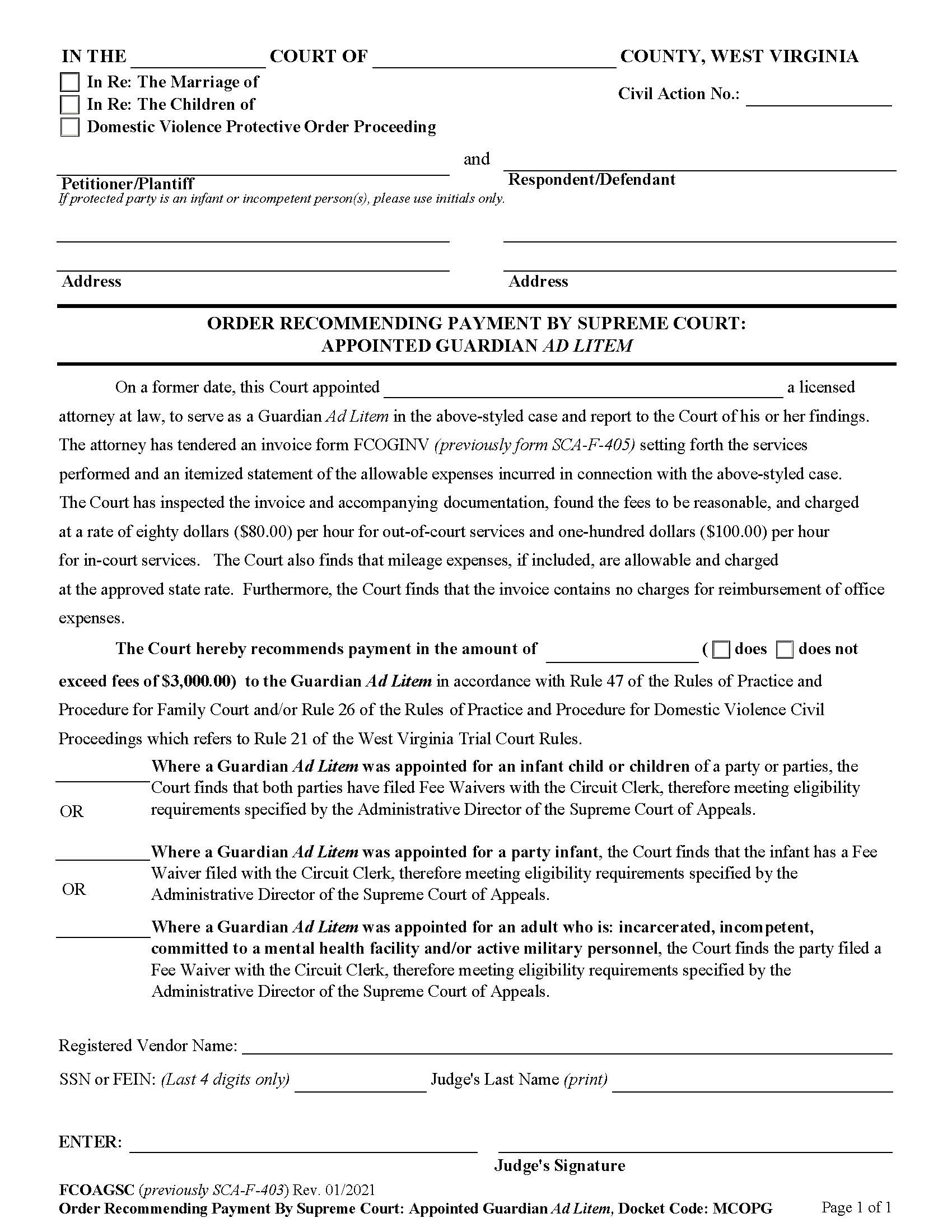 Order Recommending Payment By Supreme Court-GAL Appointment {FC-403} | Pdf Fpdf Doc Docx | West Virginia