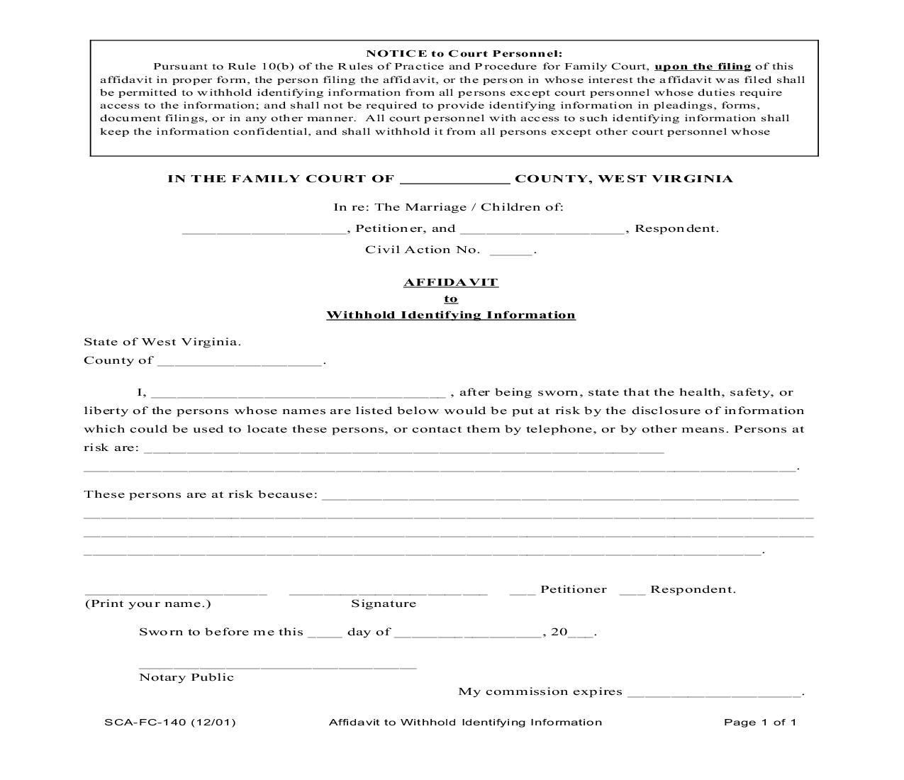 Affidavit To Withhold Identifying Information {SCA-FC-140} | Pdf Fpdf Doc Docx | West Virginia