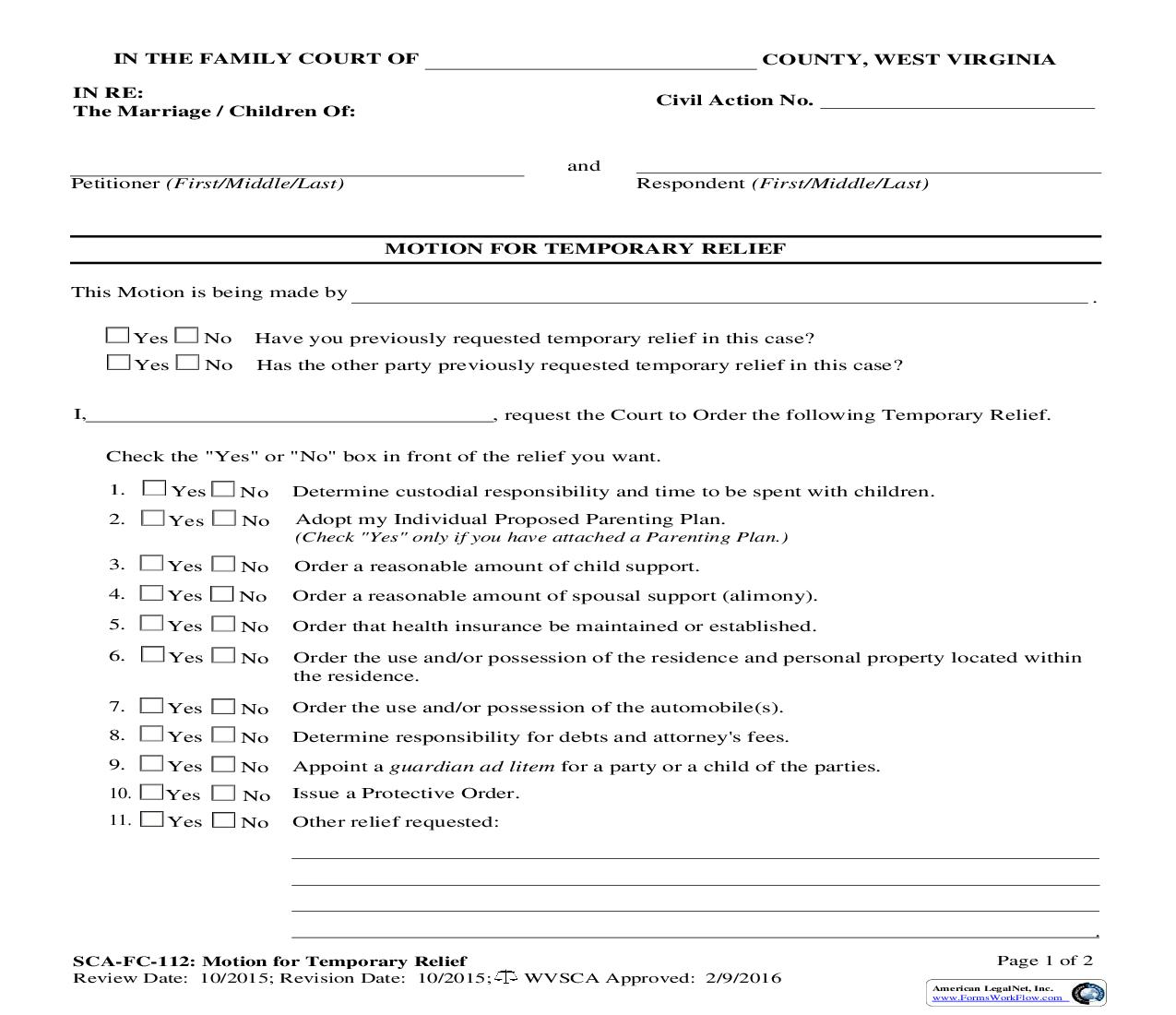 Motion For Temporary Relief (Modification Of Child-Spousal Support) {SCA-FC-112} | Pdf Fpdf Doc Docx | West Virginia