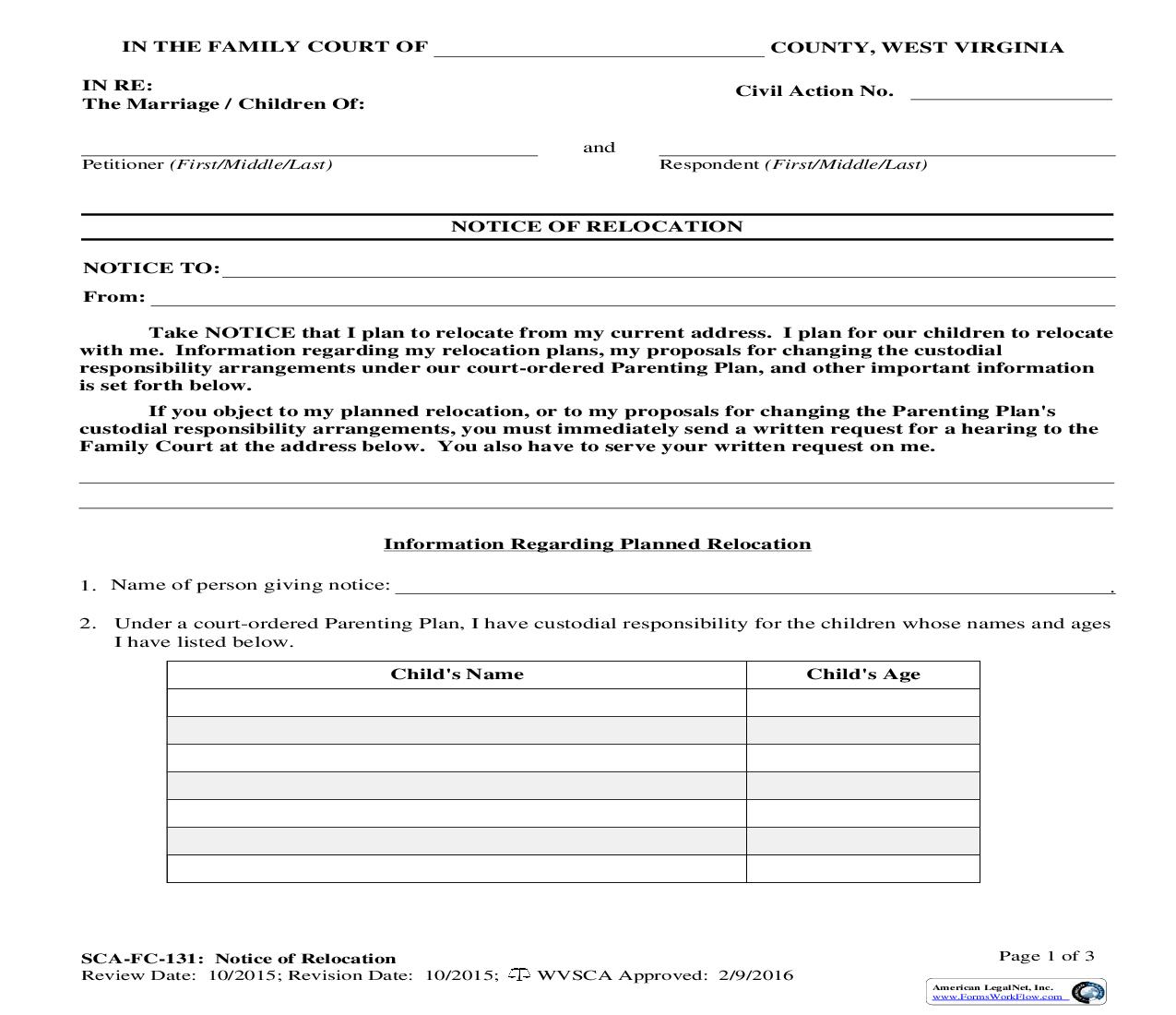 Notice Of Relocation (Parental Relocation) {SCA-FC-131} | Pdf Fpdf Doc Docx | West Virginia