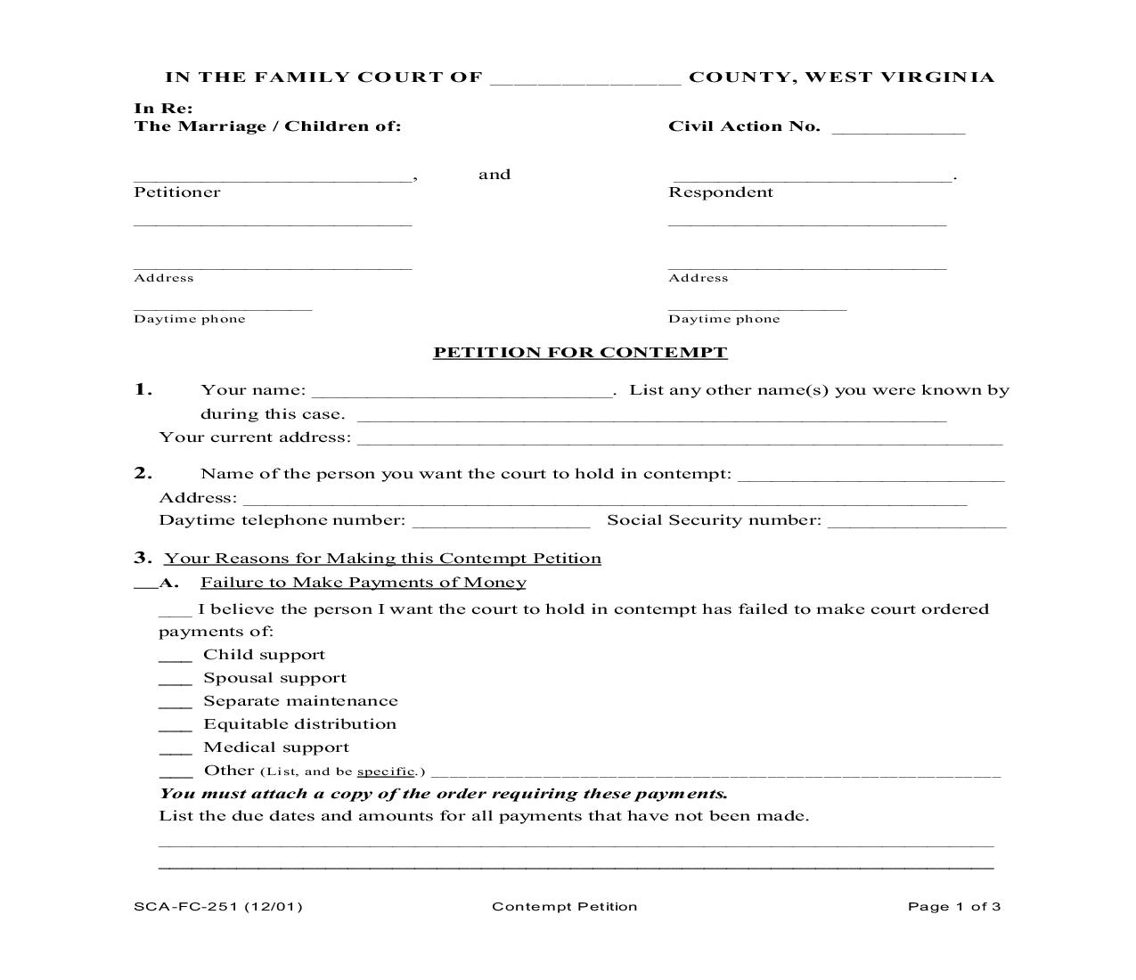 Petition For Contempt {SCA-FC-251} | Pdf Fpdf Doc Docx | West Virginia