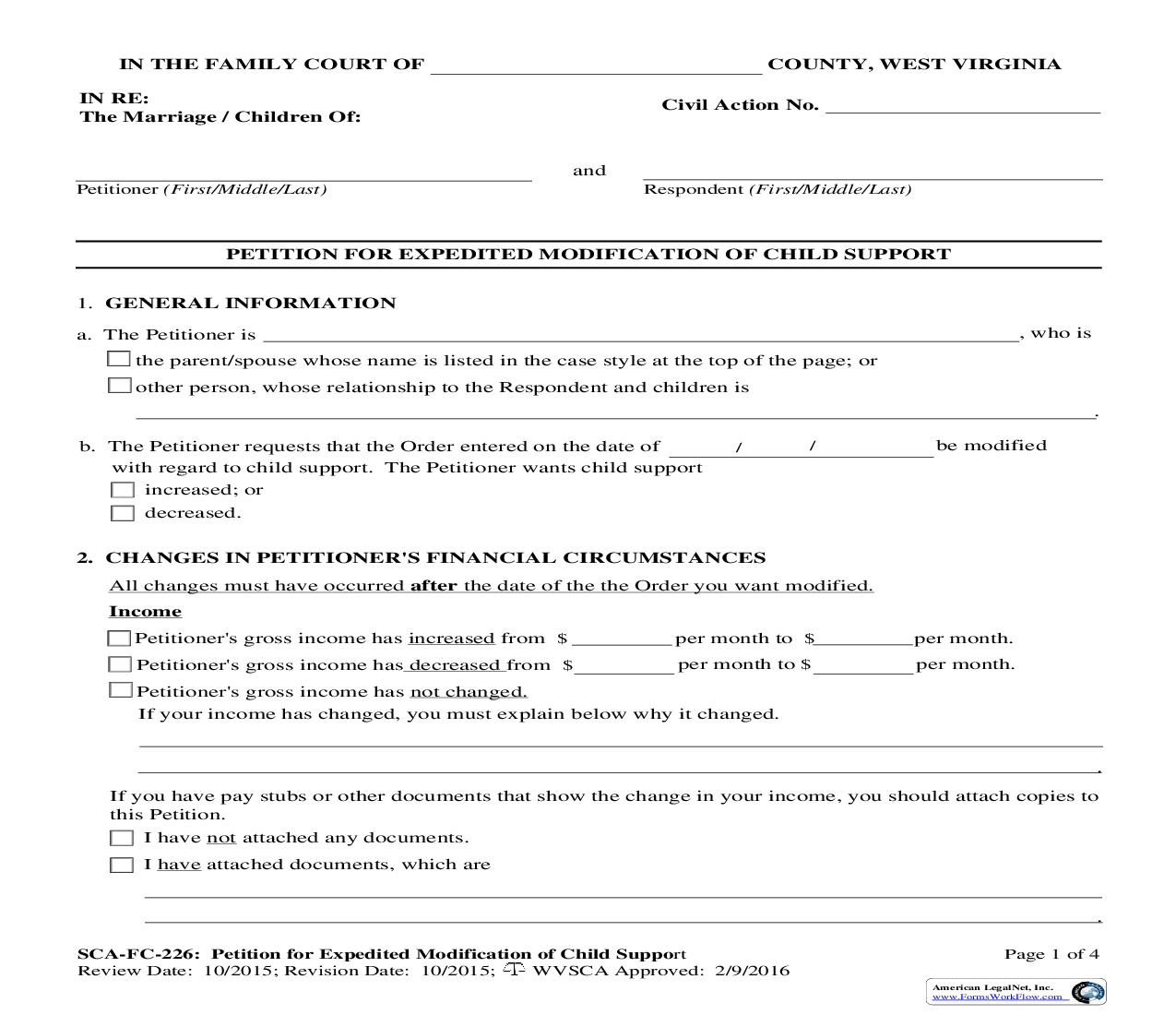 Petition For Expedited Modification Of Child Support {SCA-FC-226} | Pdf Fpdf Doc Docx | West Virginia