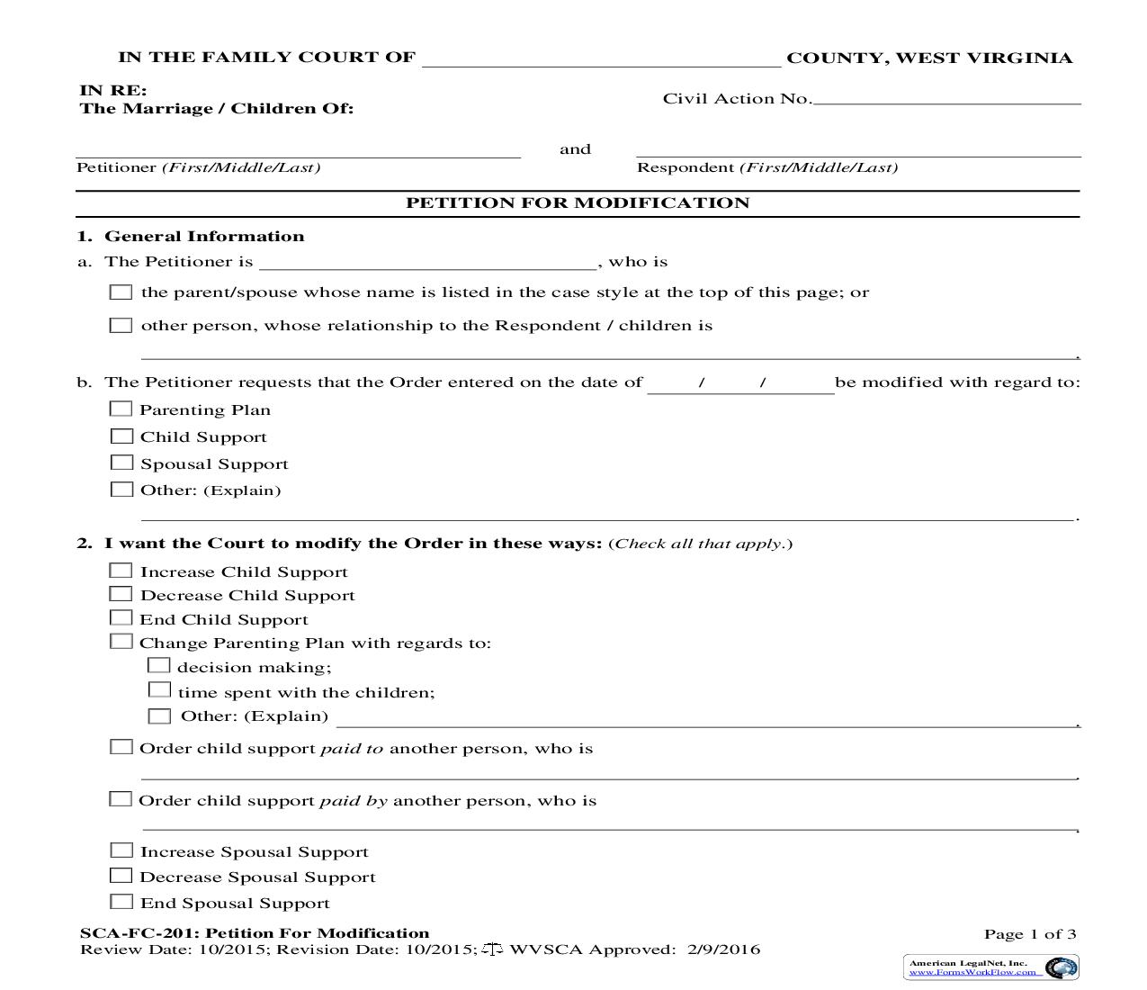 Petition For Modification (Child-Spousal Support) {SCA-FC-201} | Pdf Fpdf Doc Docx | West Virginia