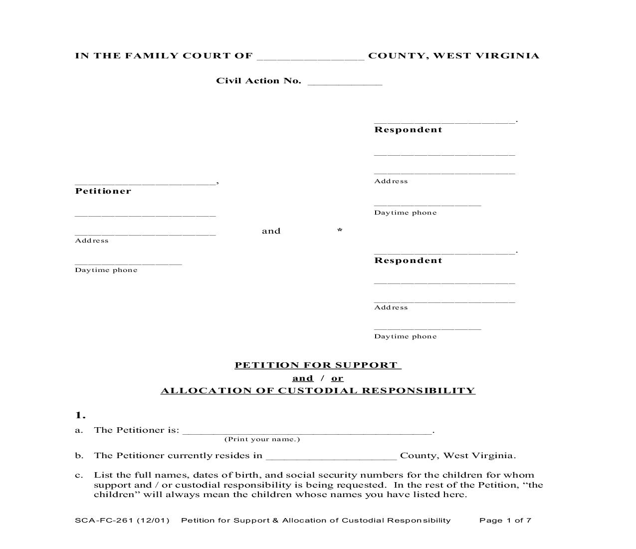Petition For Support And Or Allocation Of Custodial Responsibility {SCA-FC-261} | Pdf Fpdf Doc Docx | West Virginia