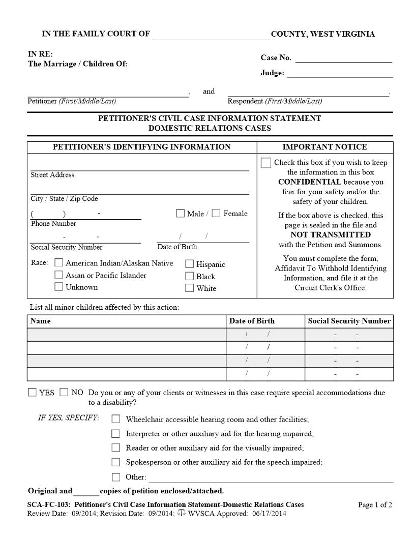 Petitioners Civil Case Information Statement Domestic Relations Cases {SCA-FC-103} | Pdf Fpdf Docx | West Virginia
