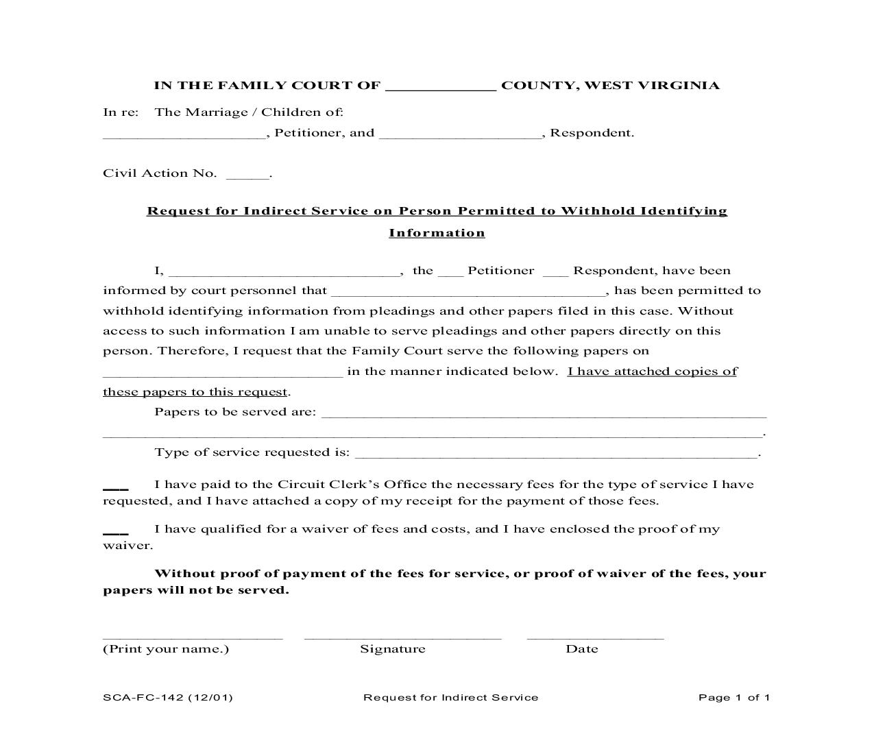 Request For Indirect Service On Peson Permitted To Withhold Identifying Information {SCA-FC-142} | Pdf Fpdf Doc Docx | West Virginia