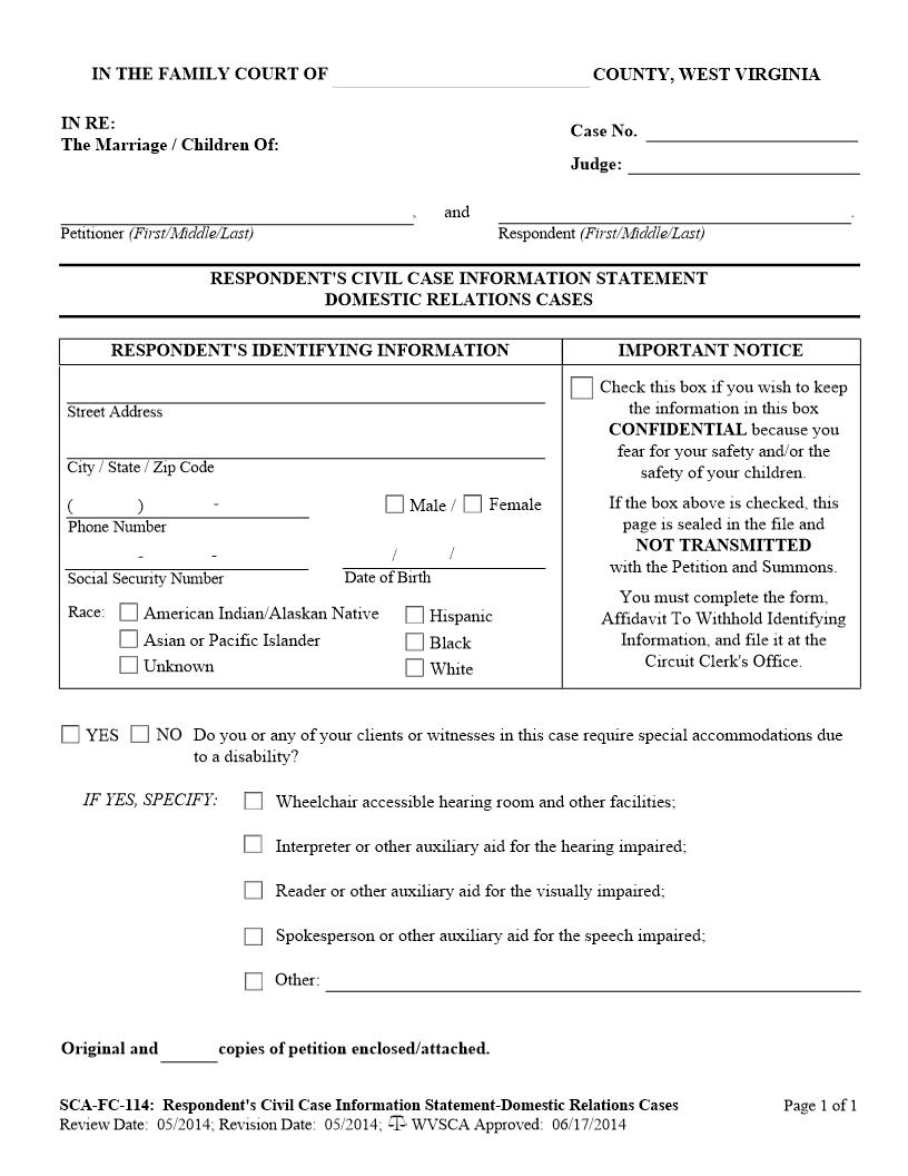 Respondents Civil Case Information Statement Domestic Relations Cases {SCA-FC-114} | Pdf Fpdf Docx | West Virginia