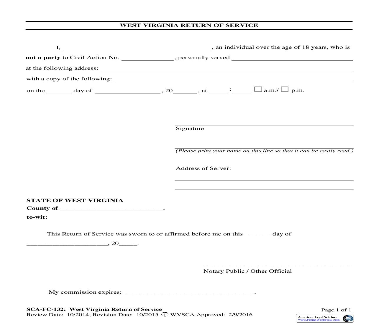 Return Of Service (For Parental Relocation Notice) {SCA-FC-132} | Pdf Fpdf Doc Docx | West Virginia
