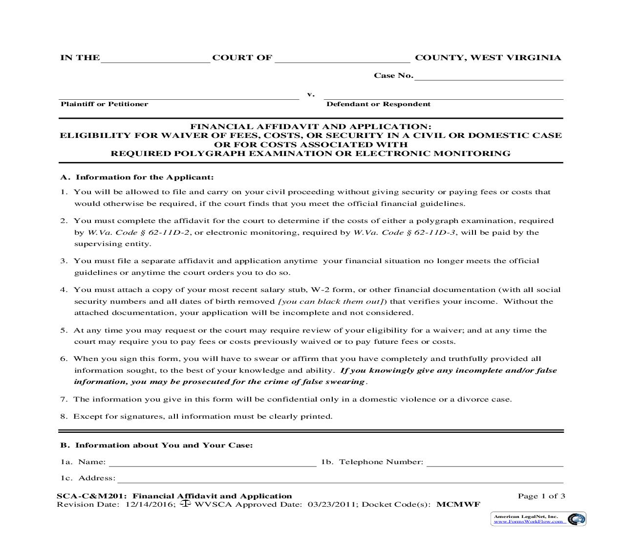 Financial Affidavit And Application - Eligibility For Waiver Of Fees Costs Or Security In Civil Or Domestic Case {SCA-CM201.03} | Pdf Fpdf Doc Docx | West Virginia