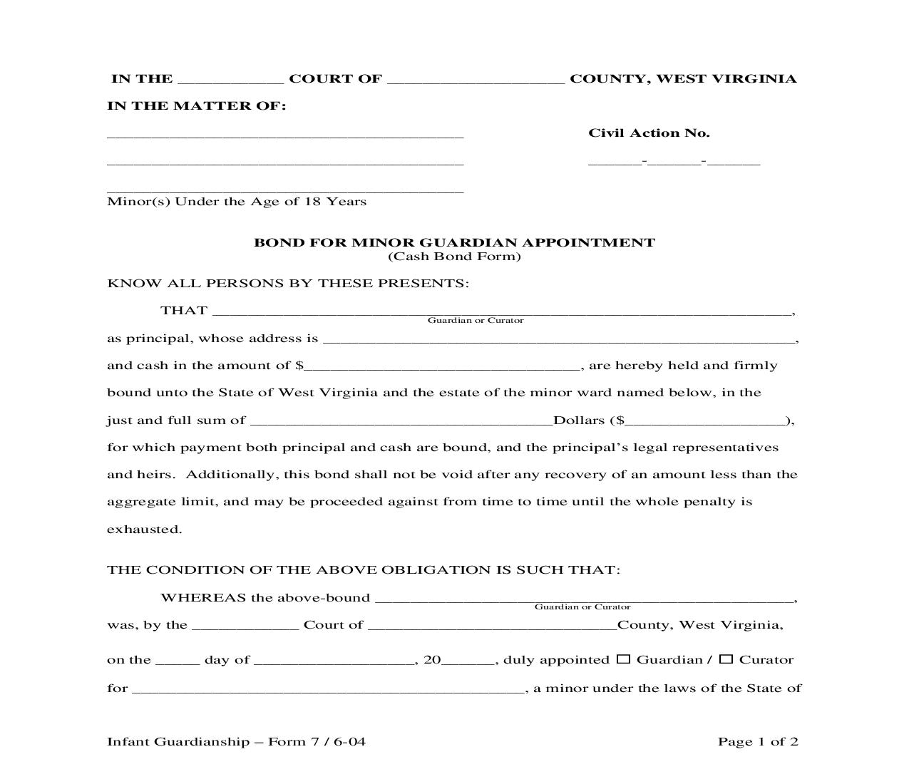 Bond For Minor Guardian Appointment (Cash Bond Form) {7} | Pdf Fpdf Doc Docx | West Virginia