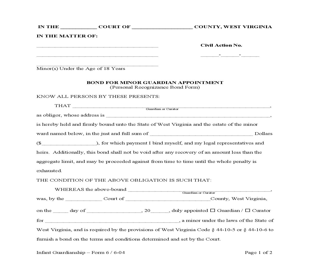 Bond For Minor Guardian Appointment (Personal Recognizance Bond Form) {6} | Pdf Fpdf Doc Docx | West Virginia