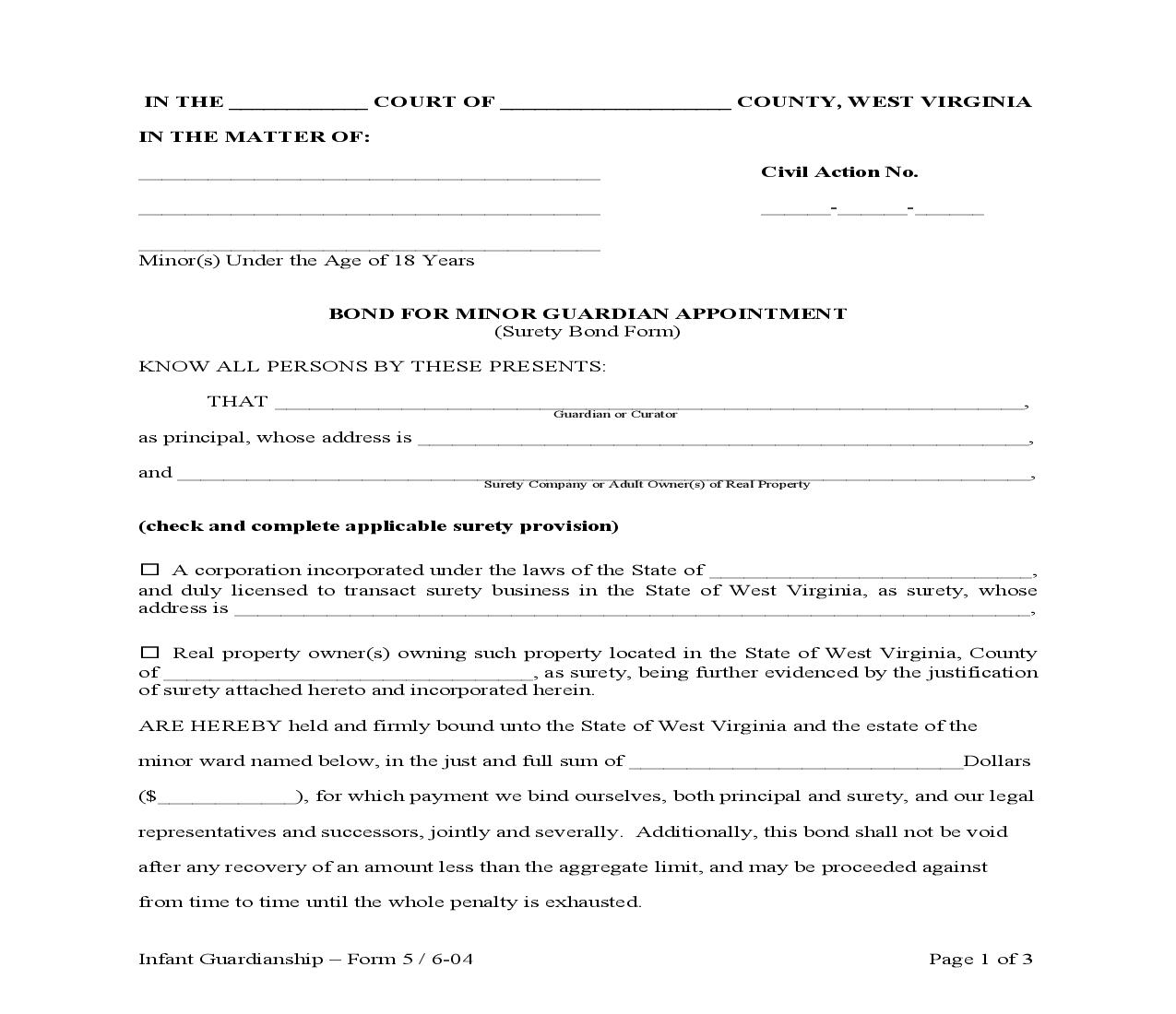 Bond For Minor Guardian Appointment (Surety Bond Form) {5} | Pdf Fpdf Doc Docx | West Virginia