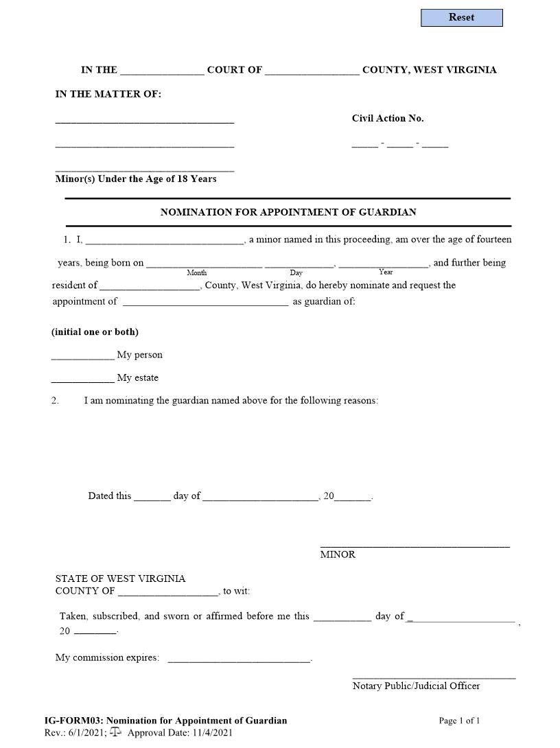 Nomination For Appointment Of Guardian {3} | Pdf Fpdf Doc Docx | West Virginia