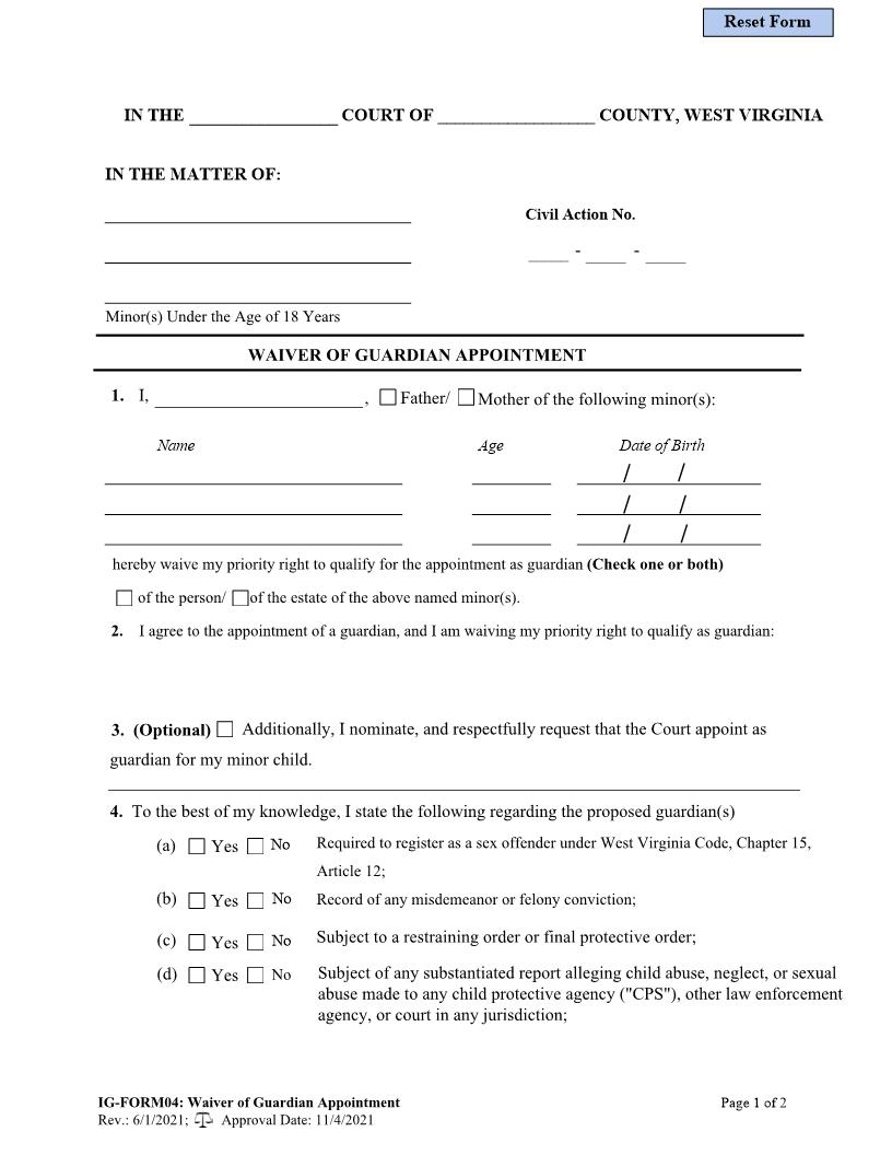 Waiver Of Guardian Appointment {4} | Pdf Fpdf Doc Docx | West Virginia